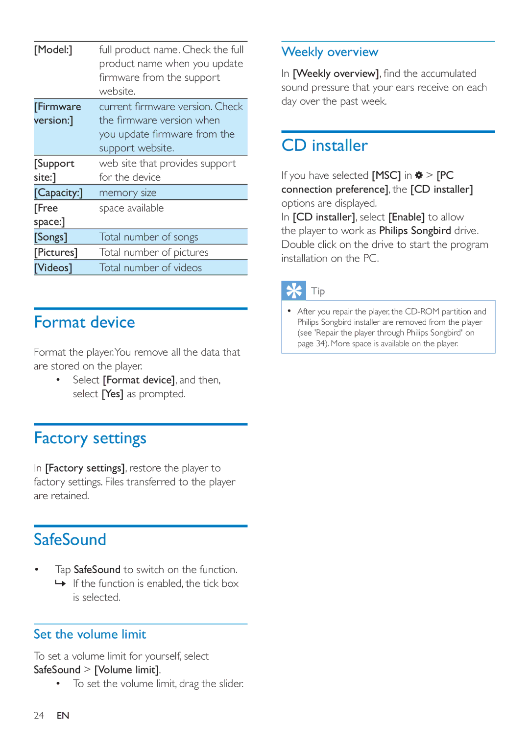 Philips SA4MUS32, SA4MUS08, SA4MUS16 user manual Format device, Factory settings, SafeSound, CD installer 