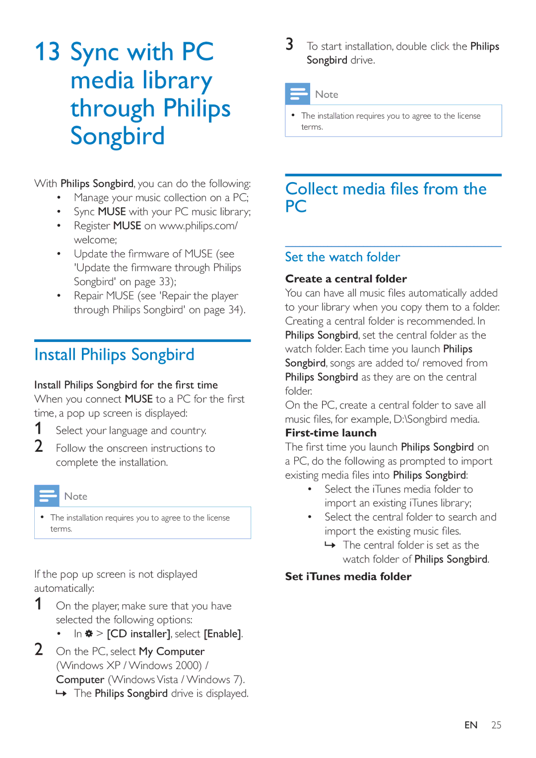 Philips SA4MUS16, SA4MUS08 Install Philips Songbird, Set the watch folder, Create a central folder, First-time launch 