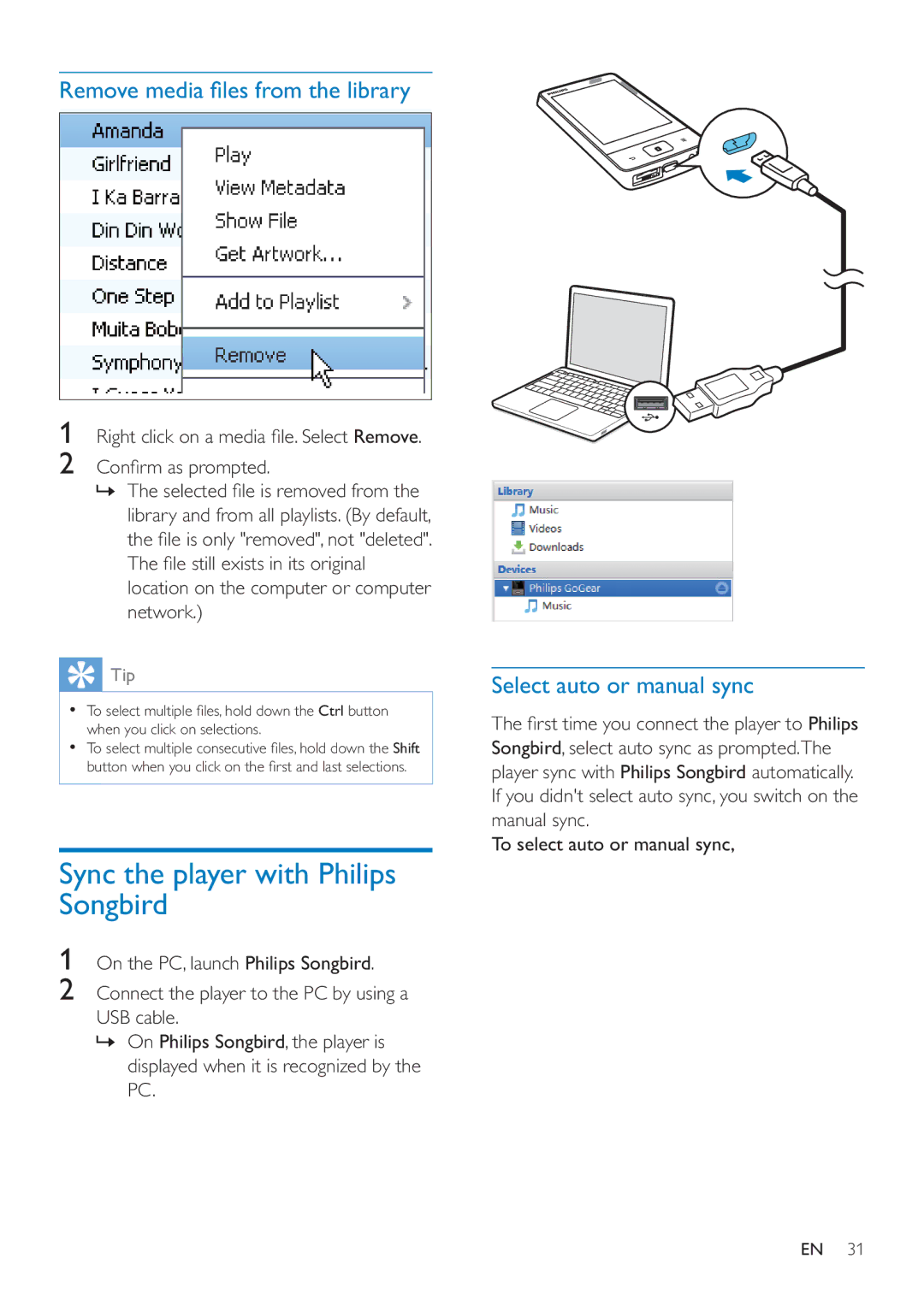 Philips SA4MUS16 Sync the player with Philips Songbird, Select auto or manual sync, To select auto or manual sync 