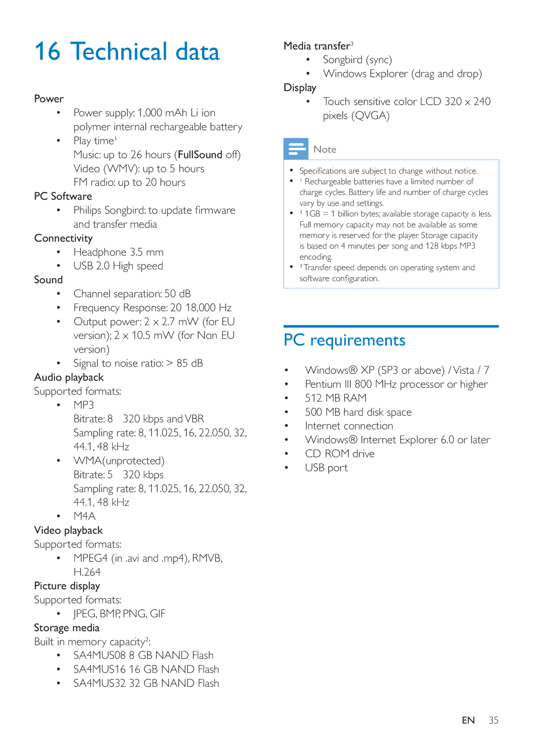 Philips SA4MUS08 Technical data, PC requirements, MPEG4 in .avi and .mp4, RMVB, H.264, JPEG, BMP, PNG, GIF Storage media 