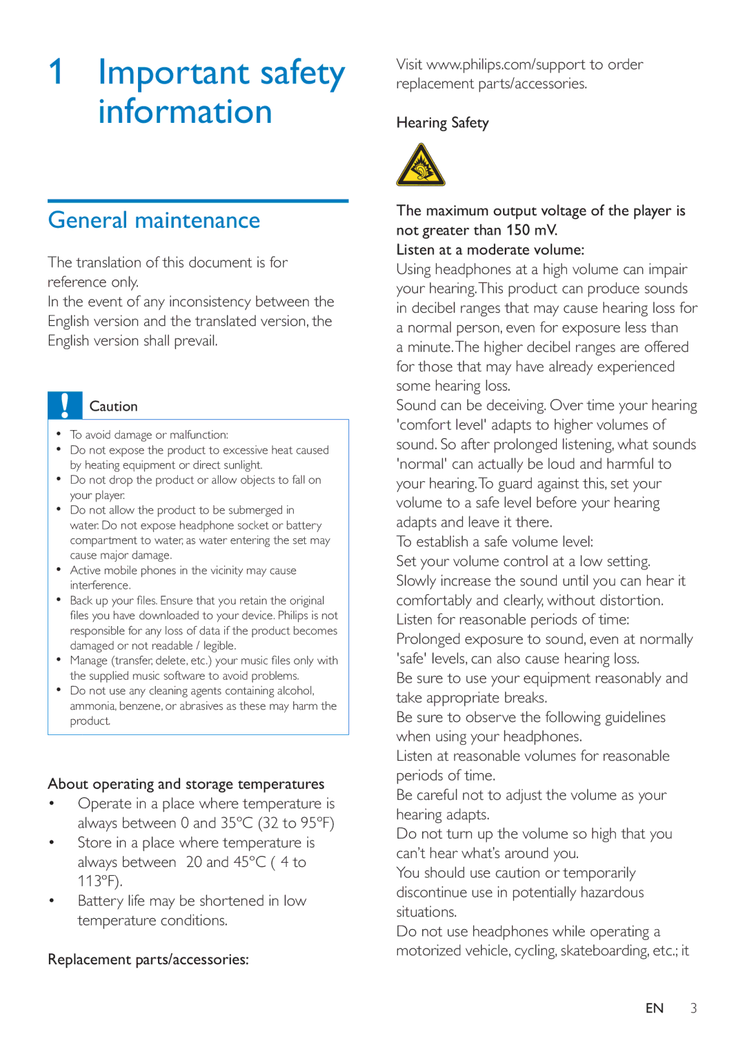 Philips SA4MUS32 General maintenance, Translation of this document is for reference only, To establish a safe volume level 