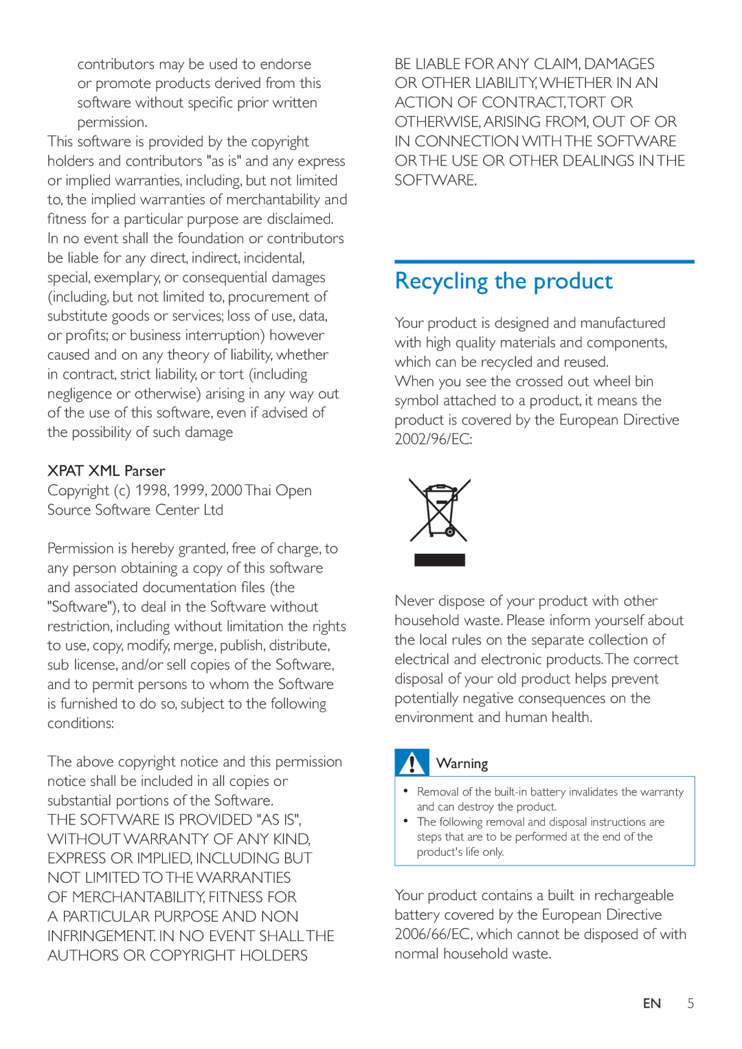 Philips SA4MUS08, SA4MUS32, SA4MUS16 user manual Recycling the product, Permission, Xpat XML Parser 