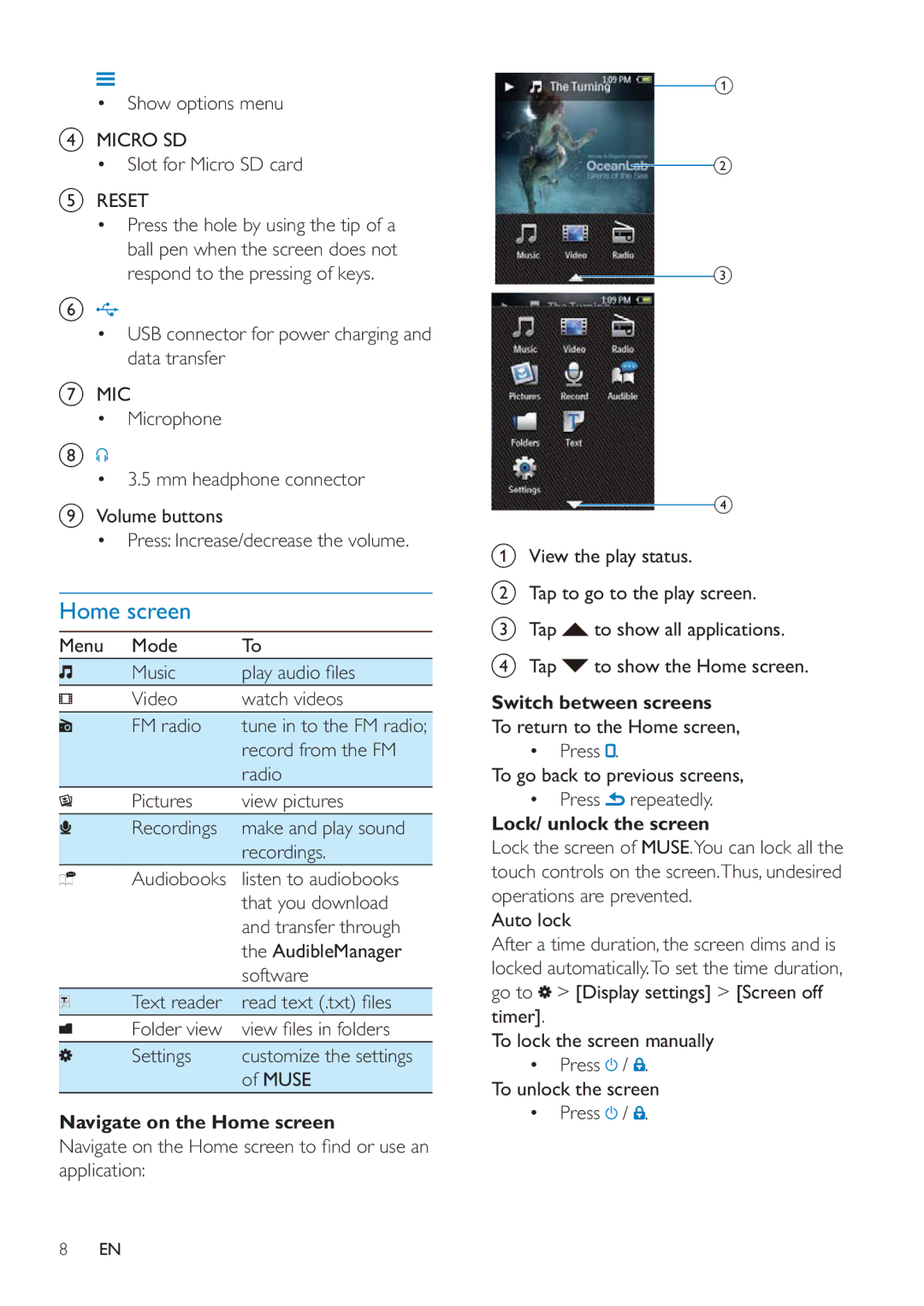 Philips SA4MUS08, SA4MUS32, SA4MUS16 Navigate on the Home screen, Switch between screens, Lock/ unlock the screen 