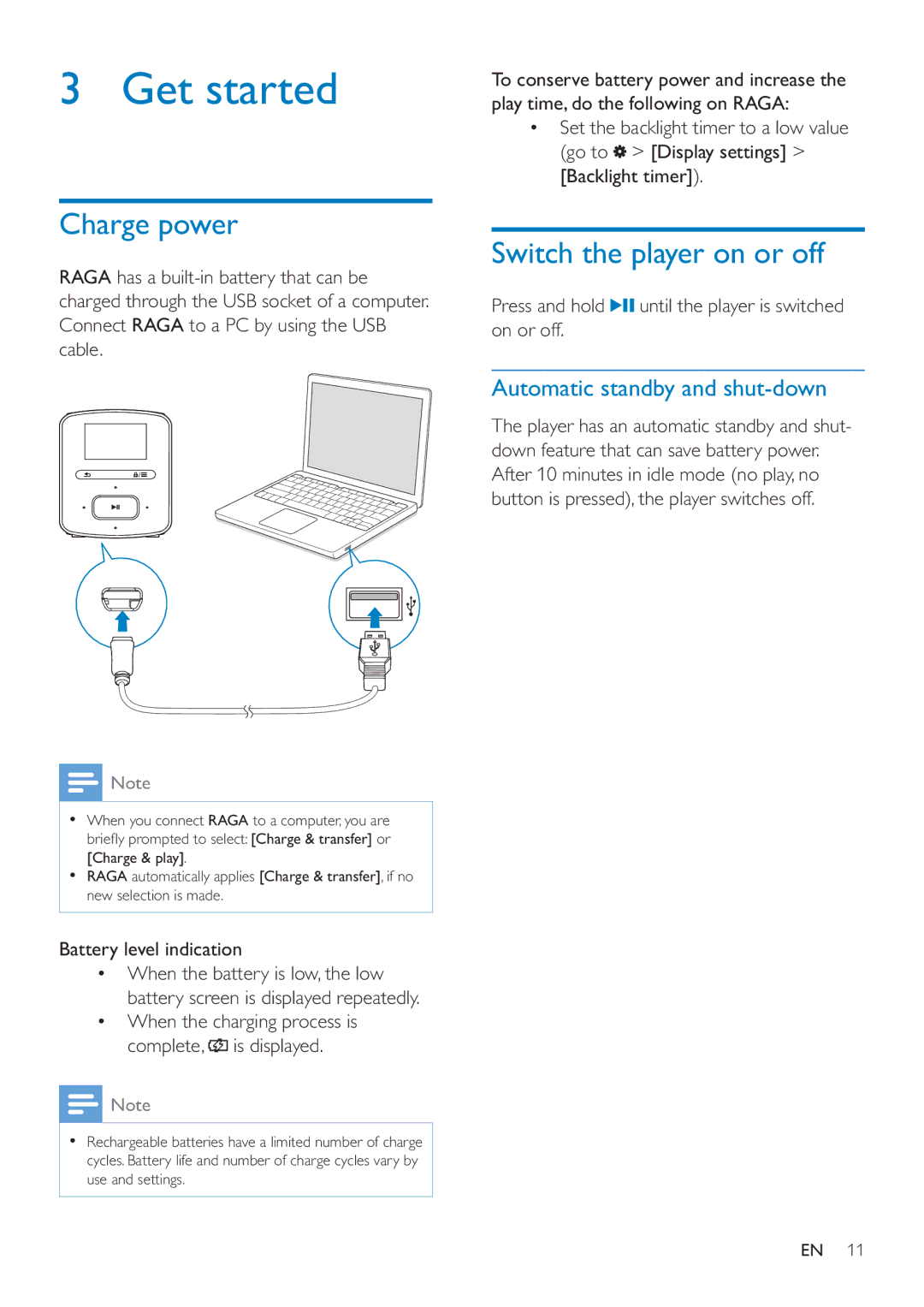 Philips SA4RGA02, SA4RGA04 Get started, Charge power, Switch the player on or off, Automatic standby and shut-down 