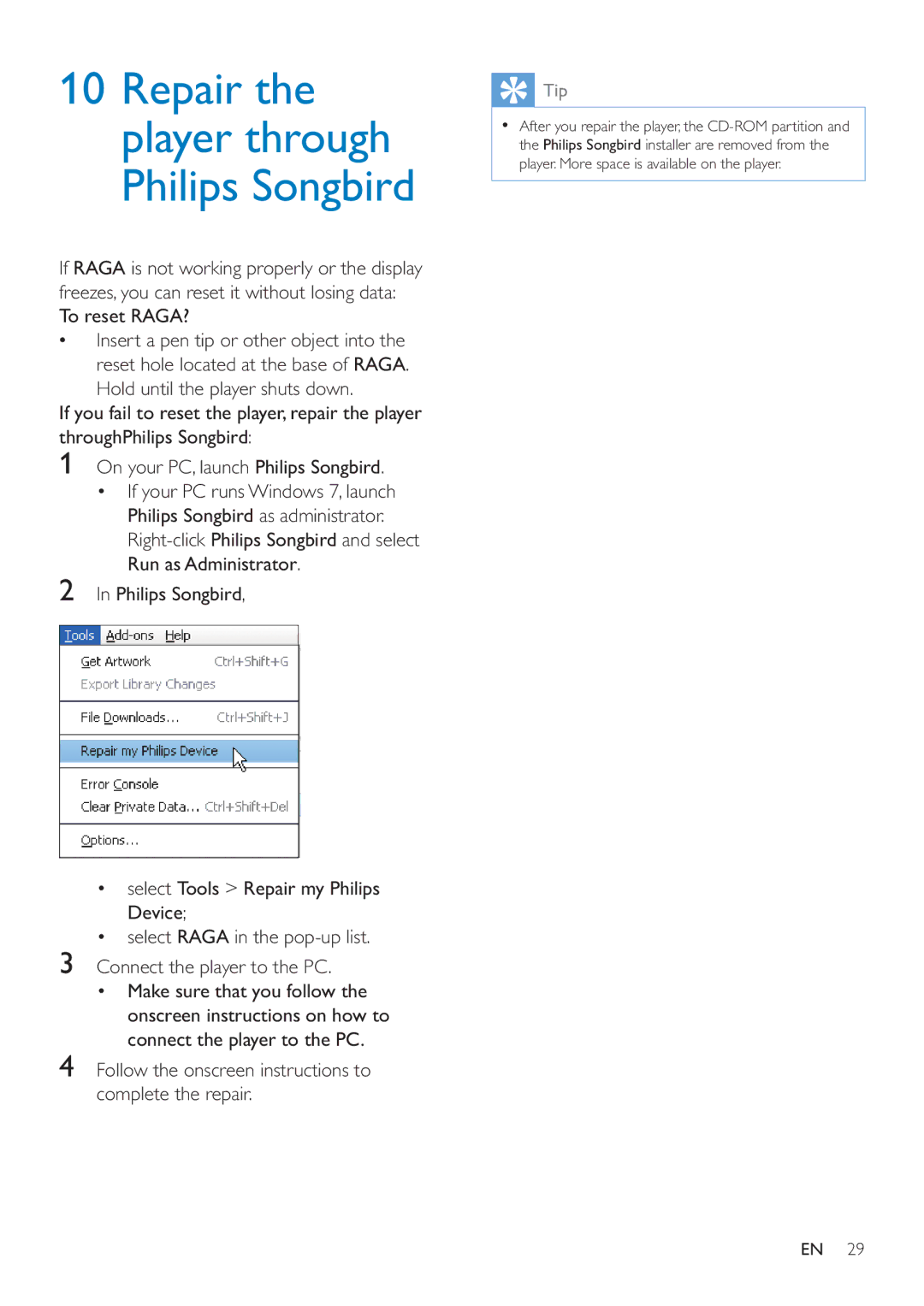 Philips SA4RGA02, SA4RGA04, SA4RGA08 user manual Repair the player through Philips Songbird 