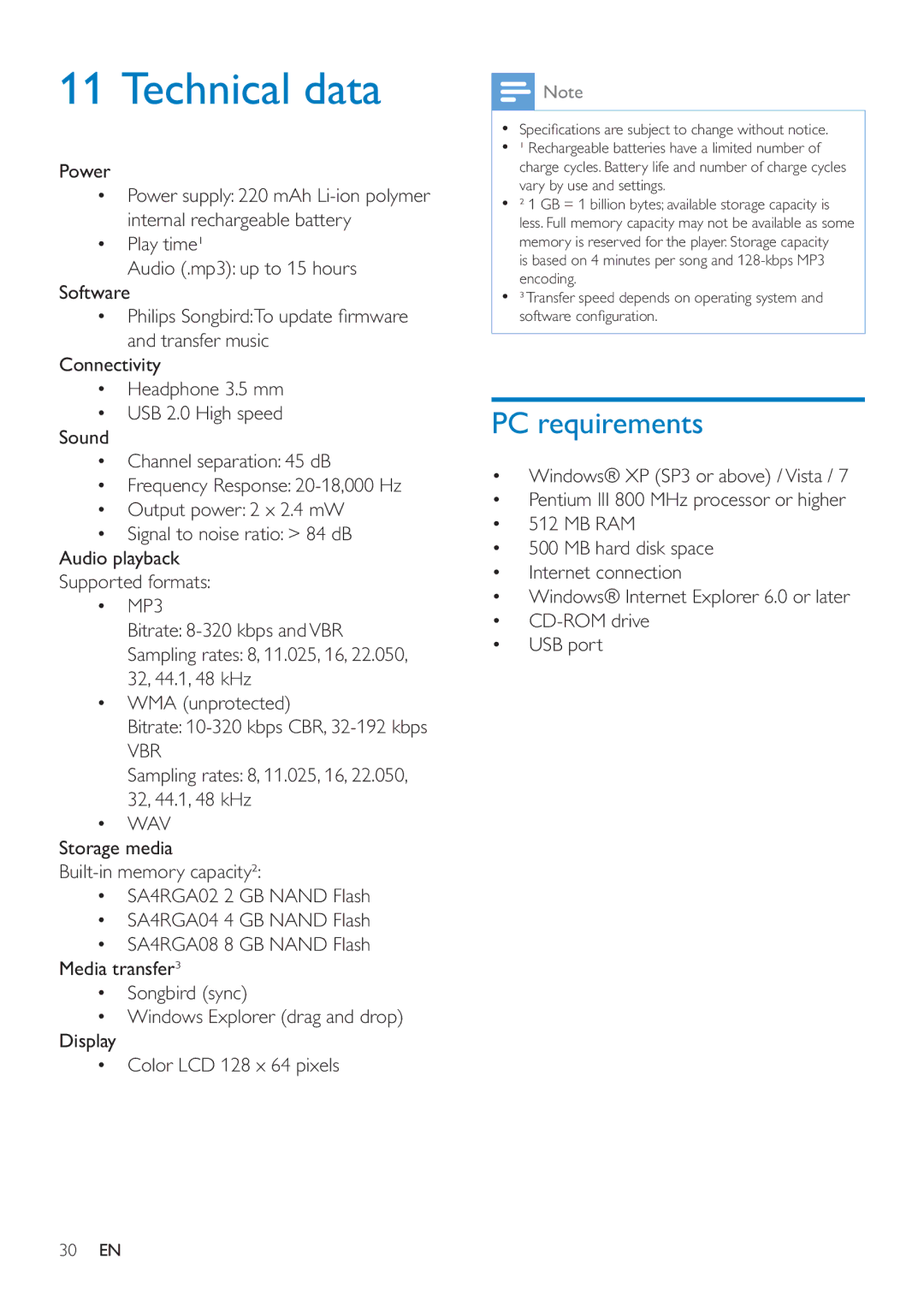 Philips SA4RGA08, SA4RGA04, SA4RGA02 user manual Technical data, PC requirements, Power, Storage media 