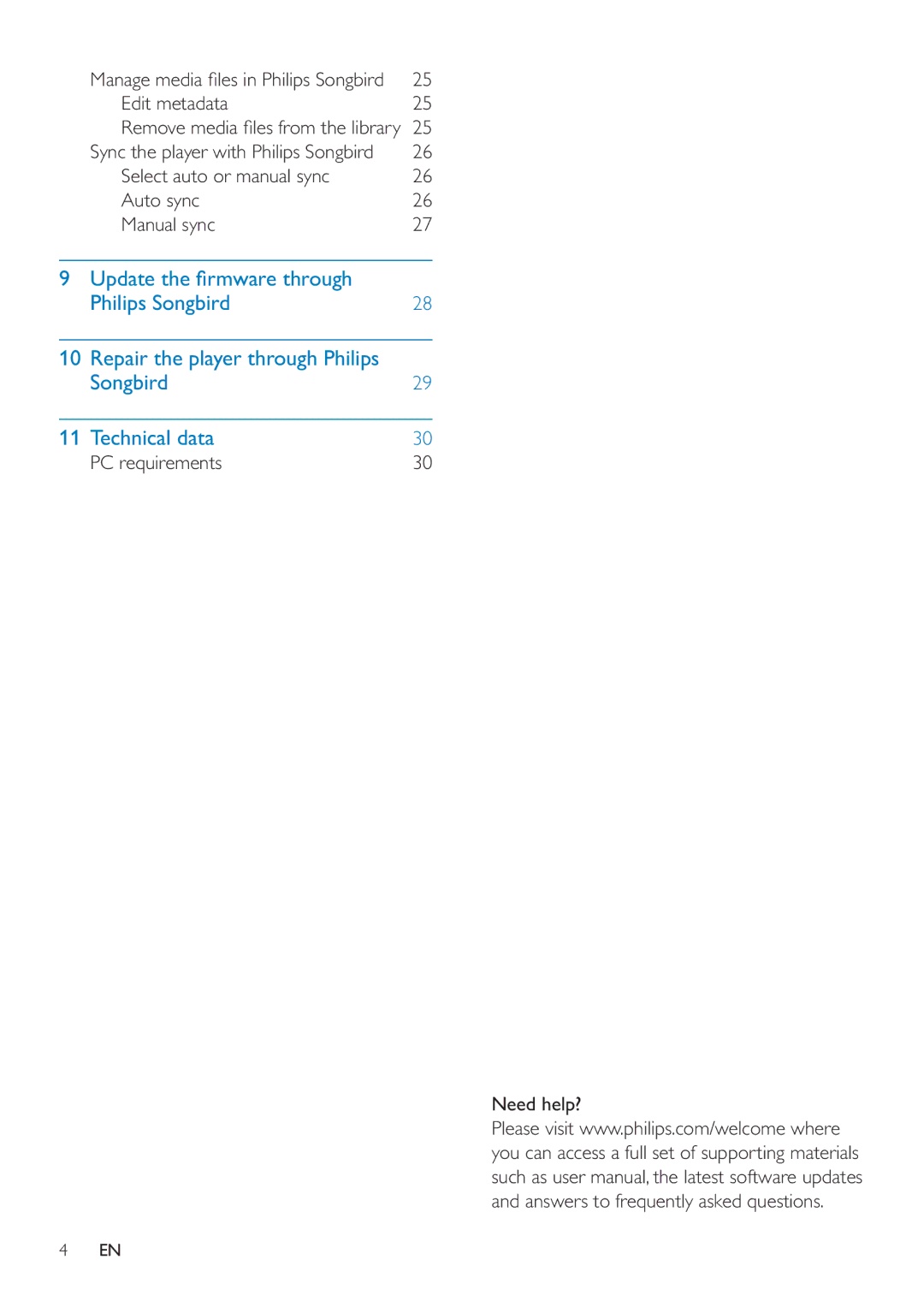 Philips SA4RGA04, SA4RGA02 Edit metadata, Select auto or manual sync Auto sync Manual sync, PC requirements Need help? 