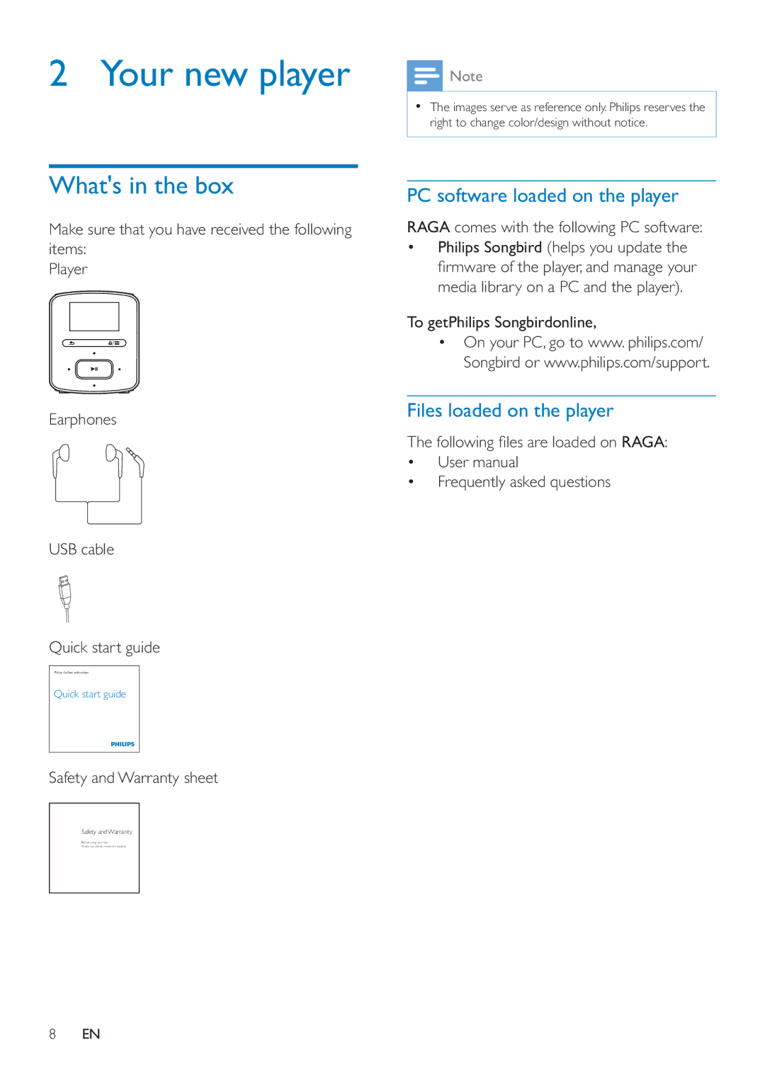 Philips SA4RGA02, SA4RGA04 Your new player, Whats in the box, PC software loaded on the player, Files loaded on the player 