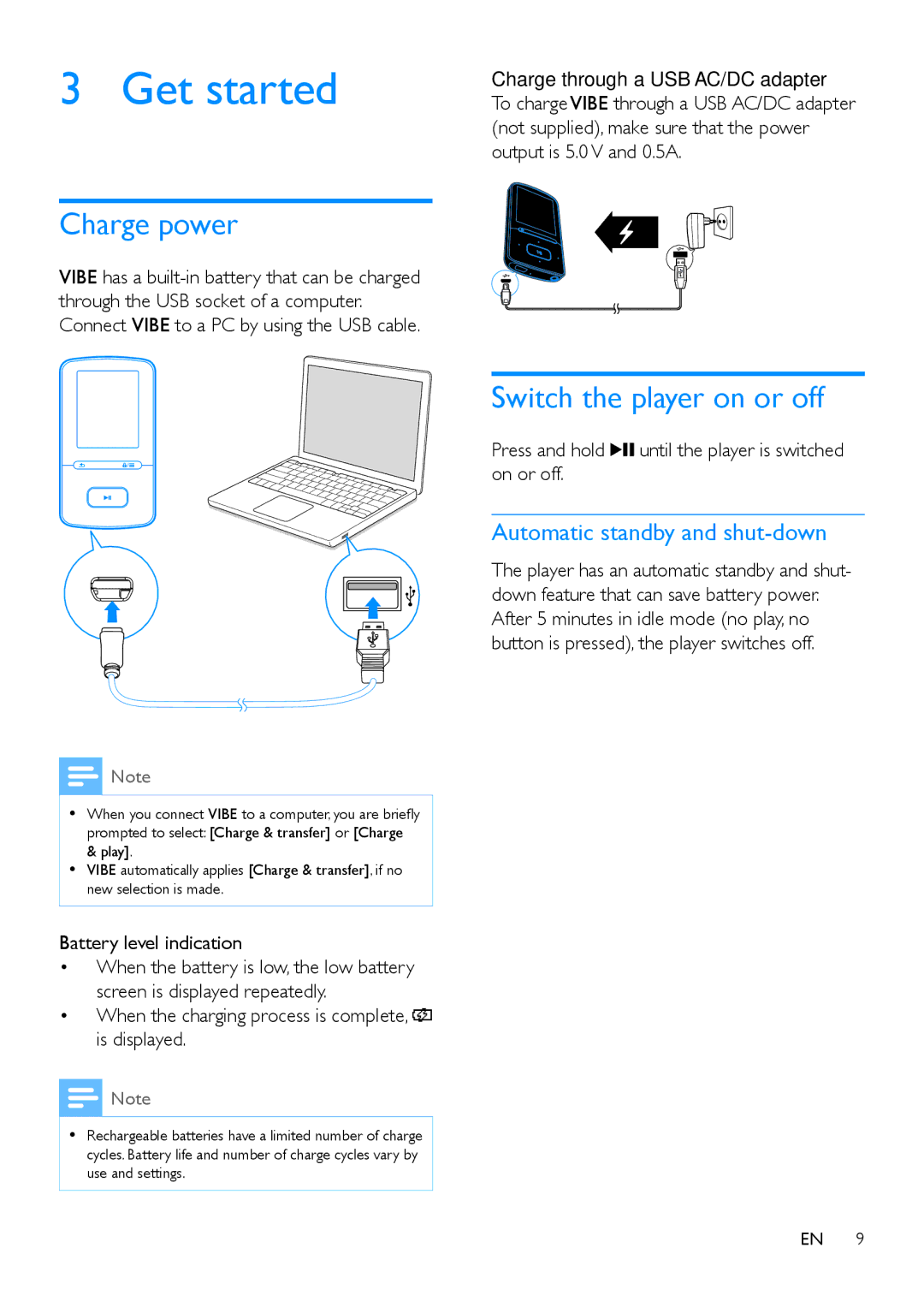 Philips SA4VBE user manual Get started, Charge power, Switch the player on or off, Automatic standby and shut-down 