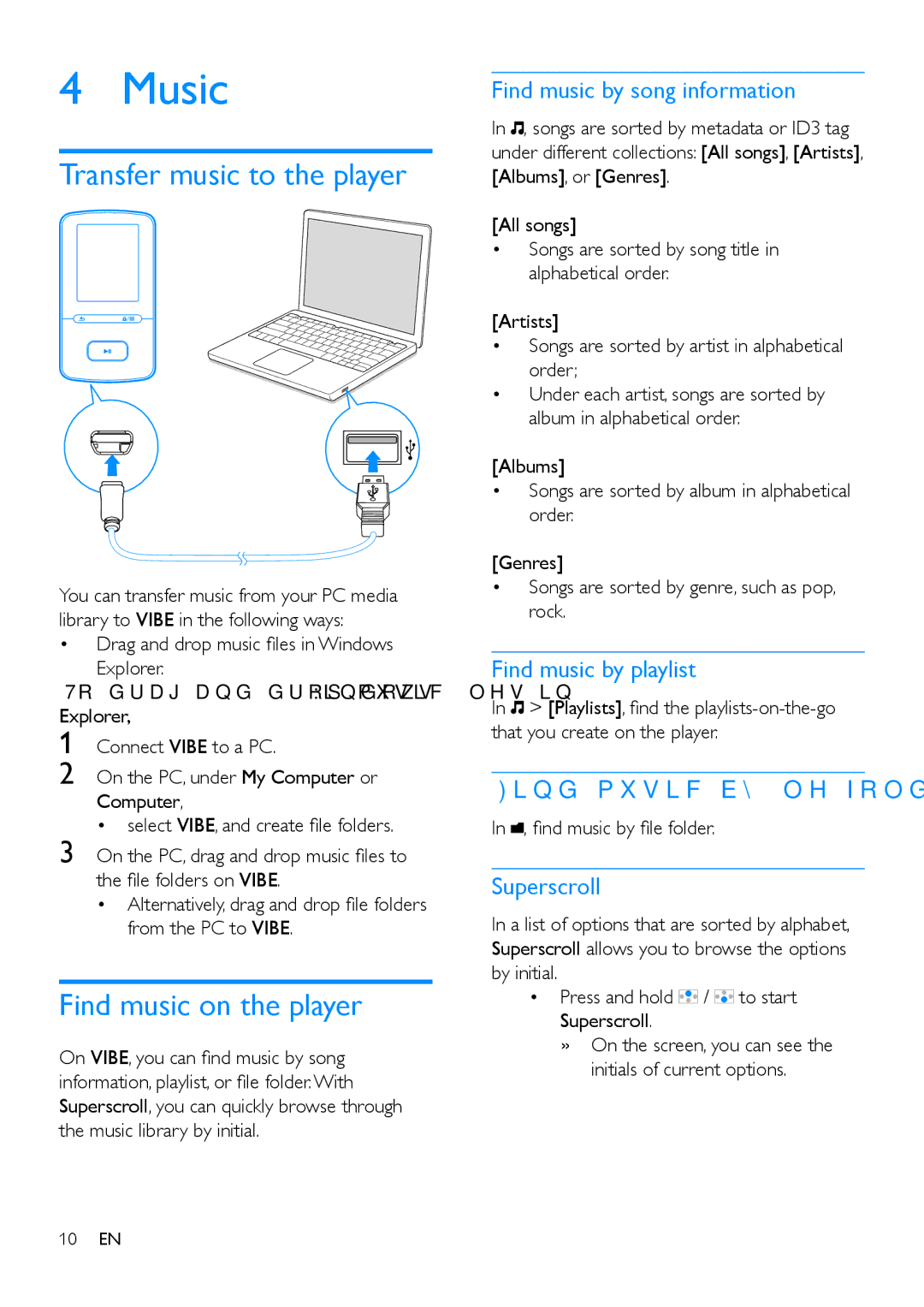 Philips SA4VBE user manual Music, Transfer music to the player, Find music on the player 