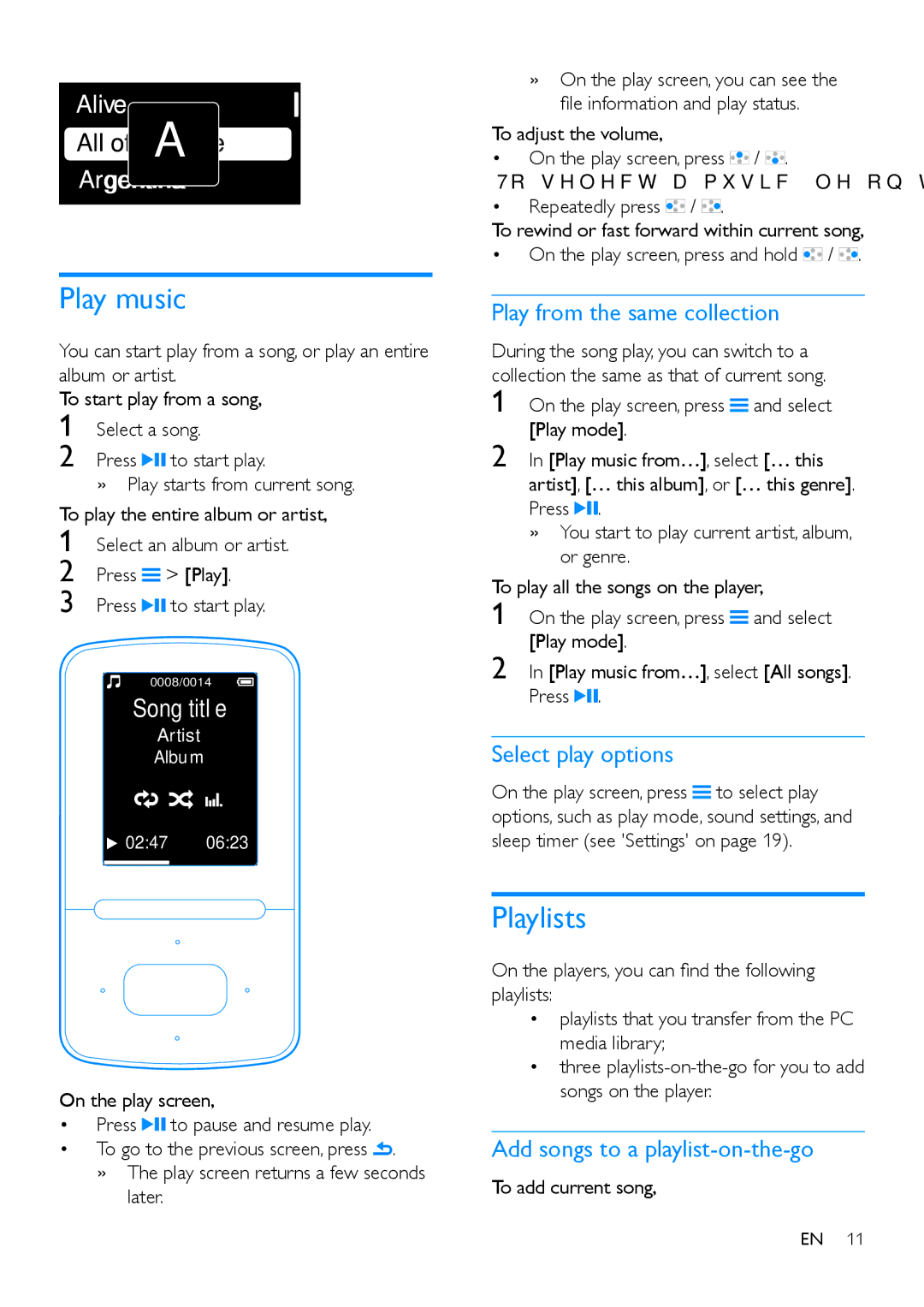 Philips SA4VBE user manual Play music, Playlists, Play from the same collection, Select play options 