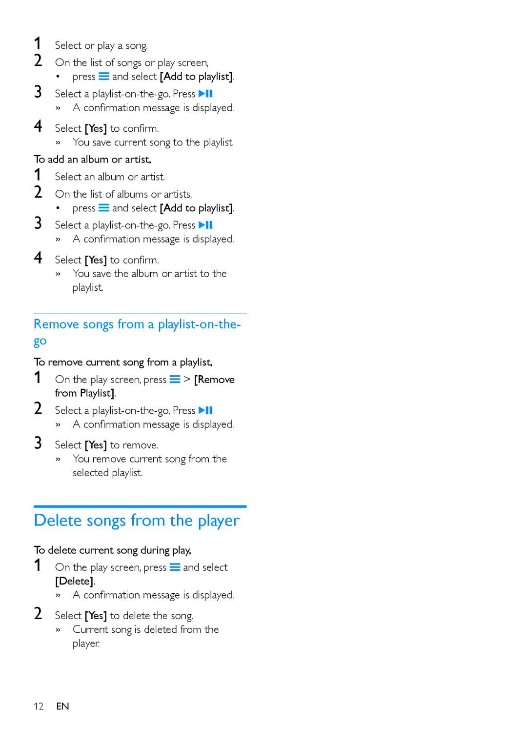 Philips SA4VBE user manual Delete songs from the player, Remove songs from a playlist-on-the- go 