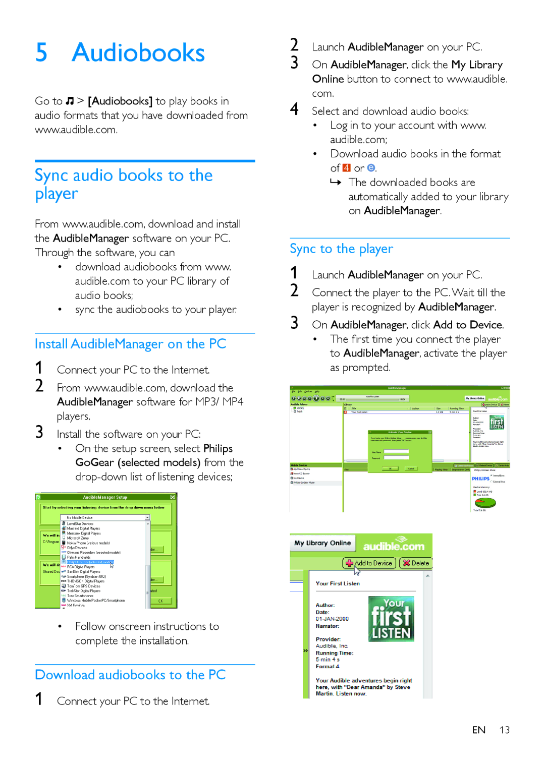 Philips SA4VBE Audiobooks, Sync audio books to the player, Install AudibleManager on the PC, Download audiobooks to the PC 