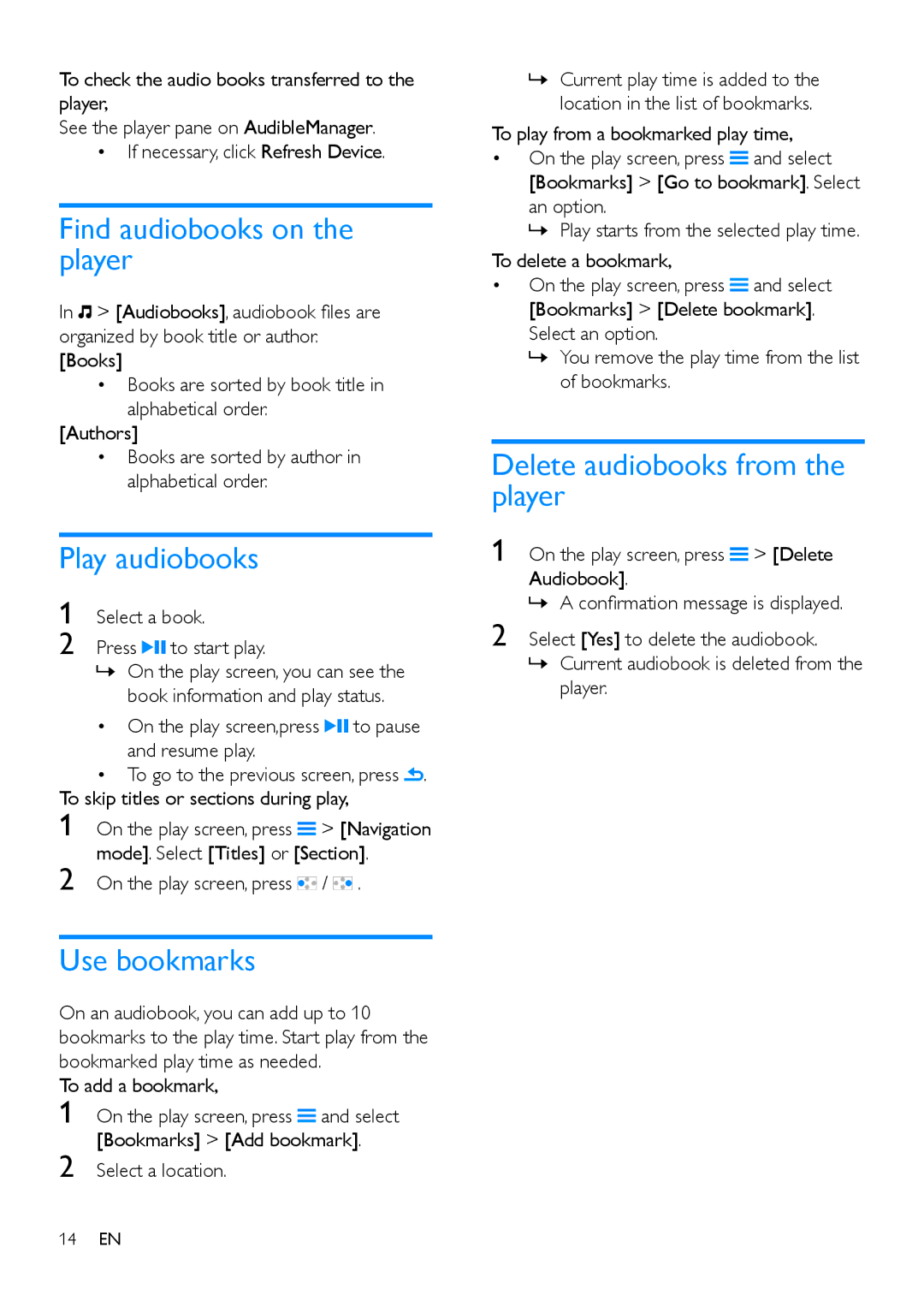 Philips SA4VBE user manual Find audiobooks on the player, Play audiobooks, Use bookmarks, Delete audiobooks from the player 