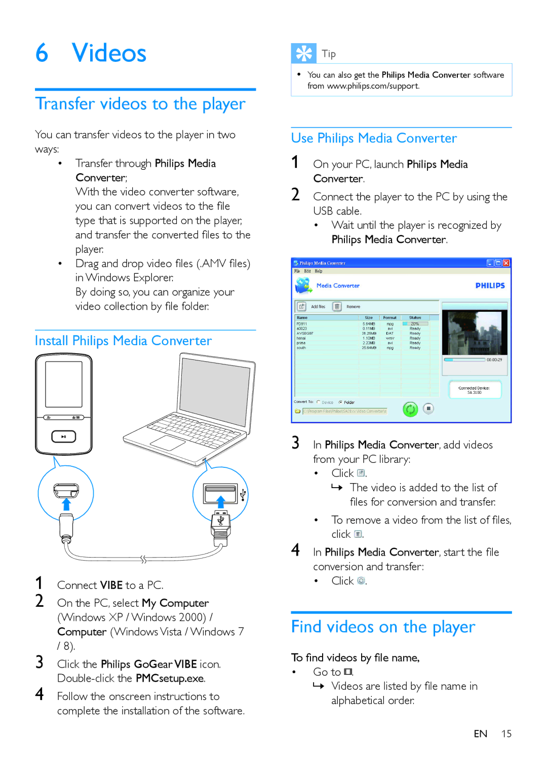 Philips SA4VBE Videos, Transfer videos to the player, Find videos on the player, Install Philips Media Converter 