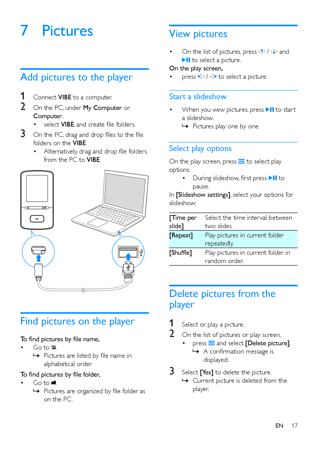 Philips SA4VBE user manual Pictures, Add pictures to the player, View pictures, Find pictures on the player 