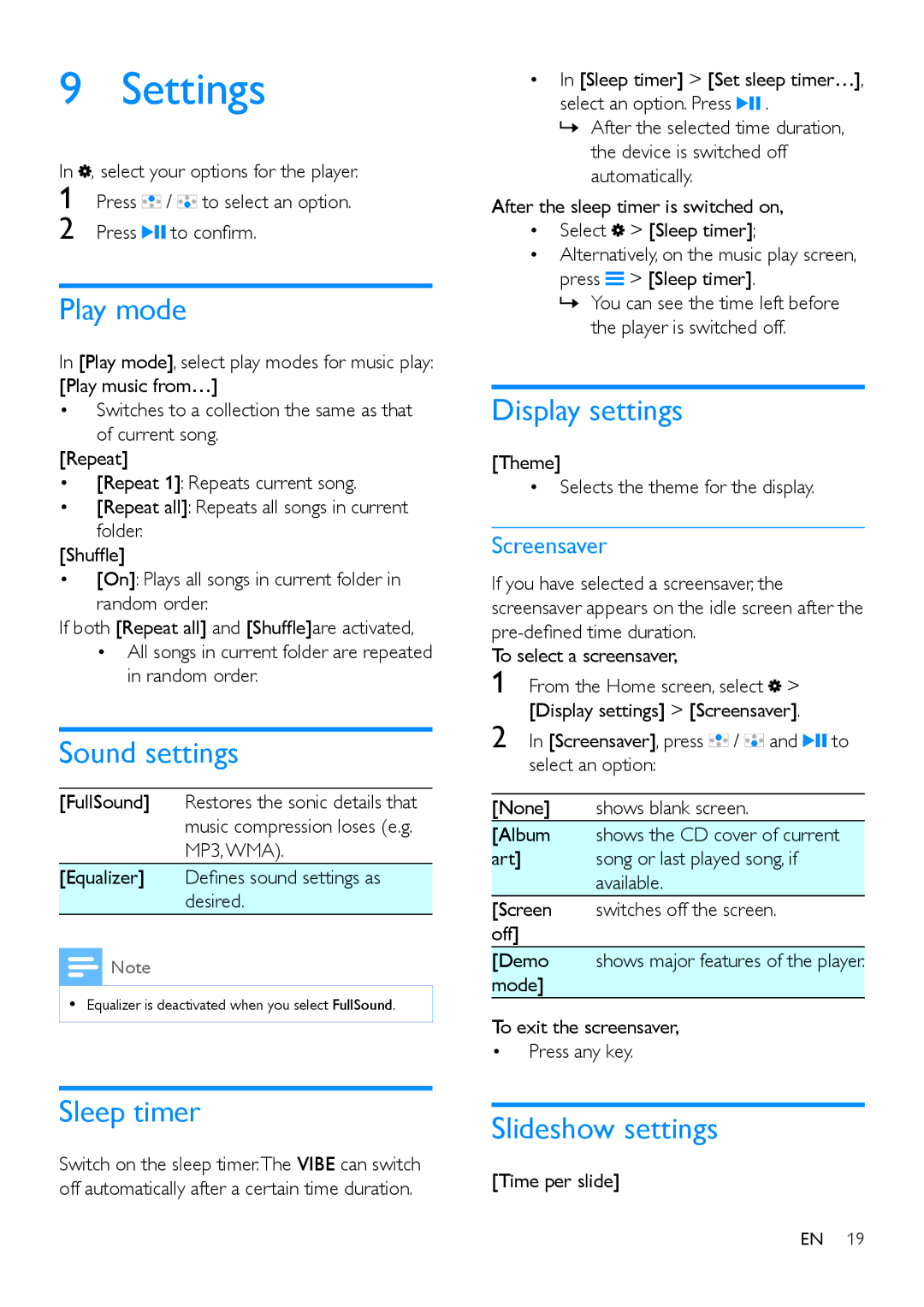 Philips SA4VBE user manual Settings 