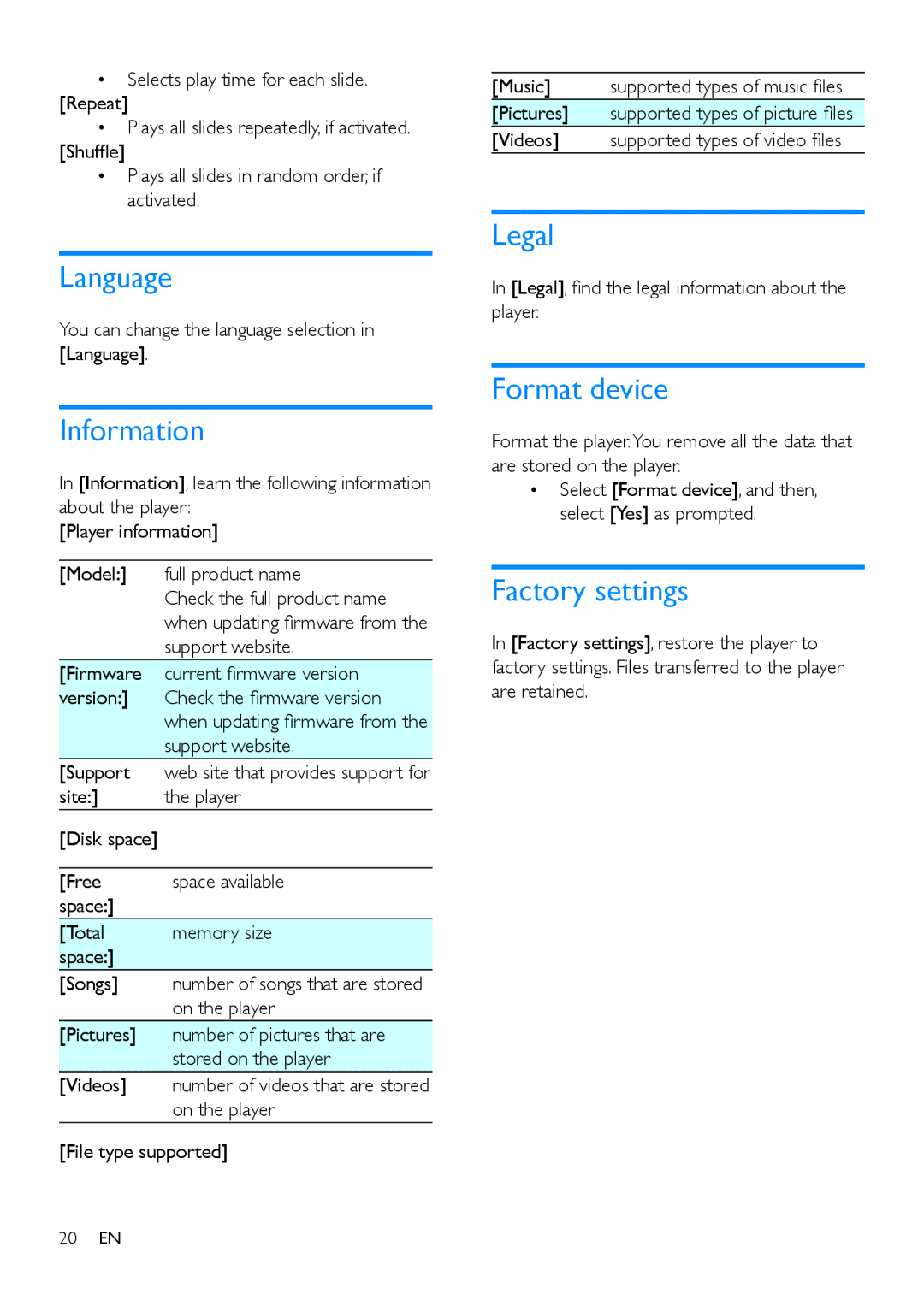 Philips SA4VBE user manual Language, Information, Legal, Format device, Factory settings 