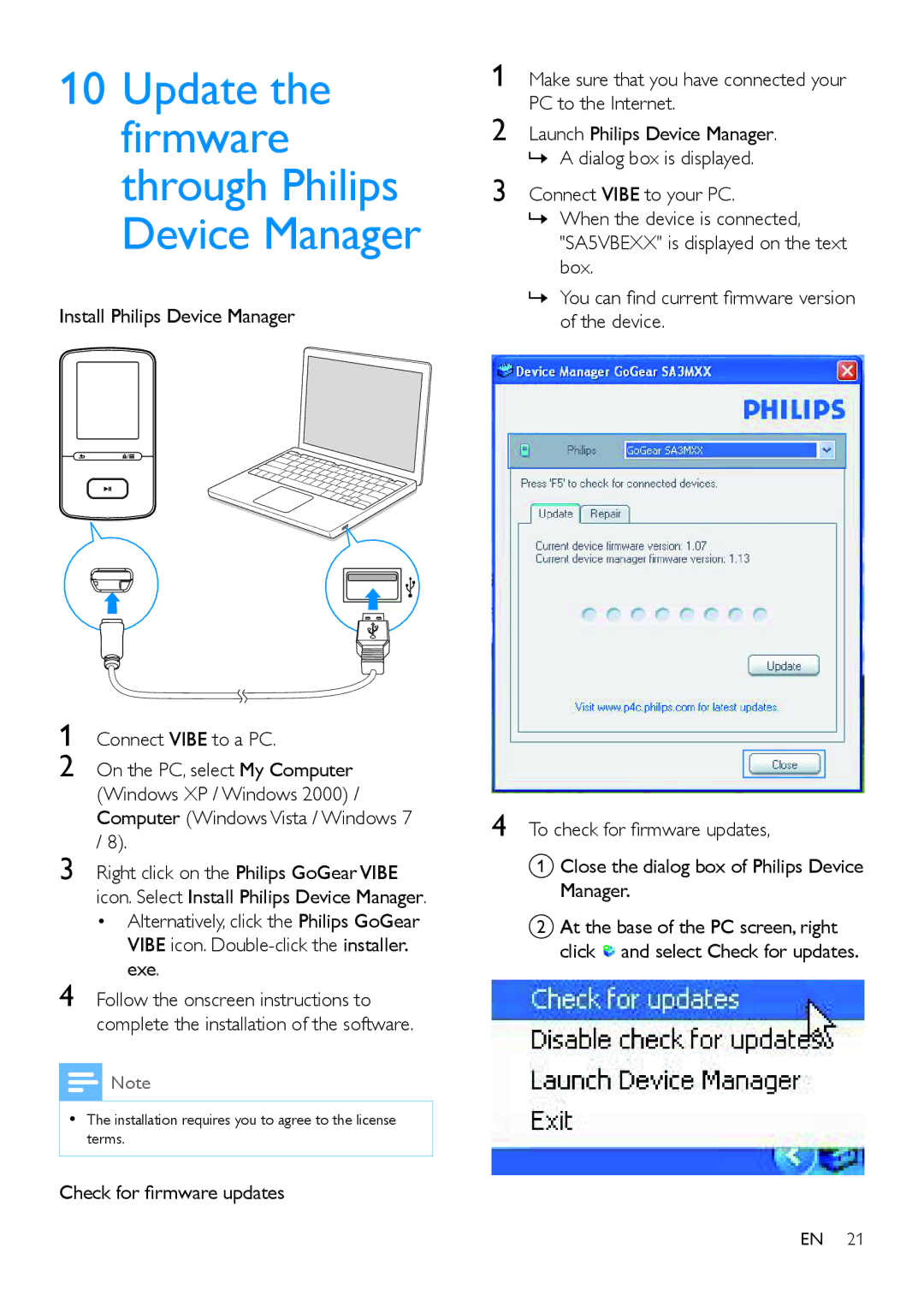 Philips SA4VBE user manual Right click on the Philips GoGear Vibe, Manager, Exe, Check for firmware updates 