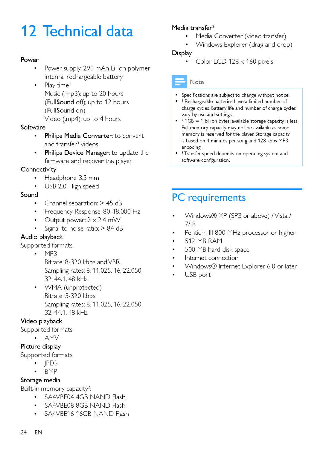 Philips SA4VBE user manual Technical data, PC requirements, Power 