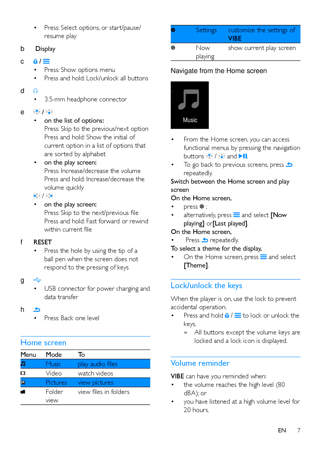 Philips SA4VBE user manual Home screen, Lock/unlock the keys, Volume reminder 