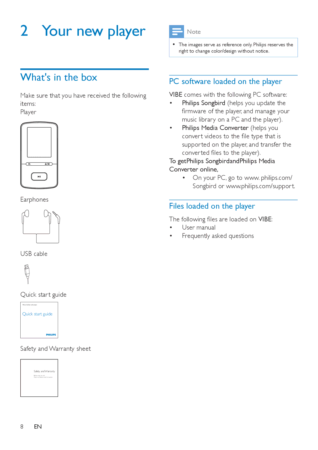Philips SA4VBE08, SA4VBE04 Your new player, Whats in the box, PC software loaded on the player, Files loaded on the player 