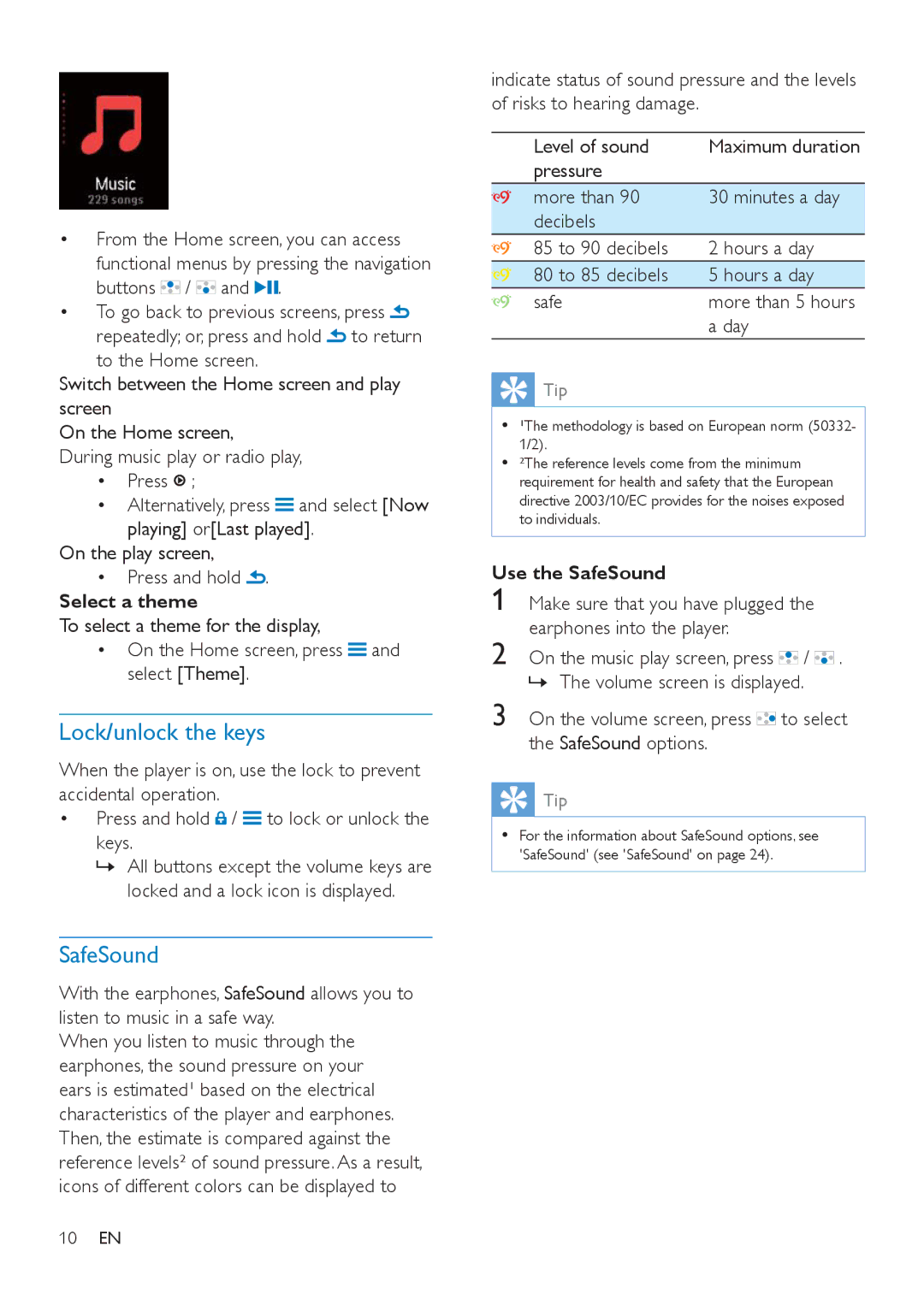 Philips SA4VBE04, SA4VBE08, SA4VBE16 user manual Lock/unlock the keys, Select a theme, Day, Use the SafeSound 