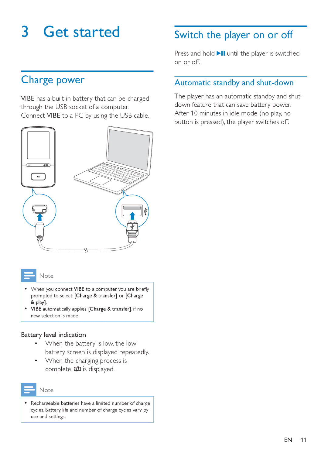 Philips SA4VBE08, SA4VBE04 Get started, Charge power, Switch the player on or off, Automatic standby and shut-down 