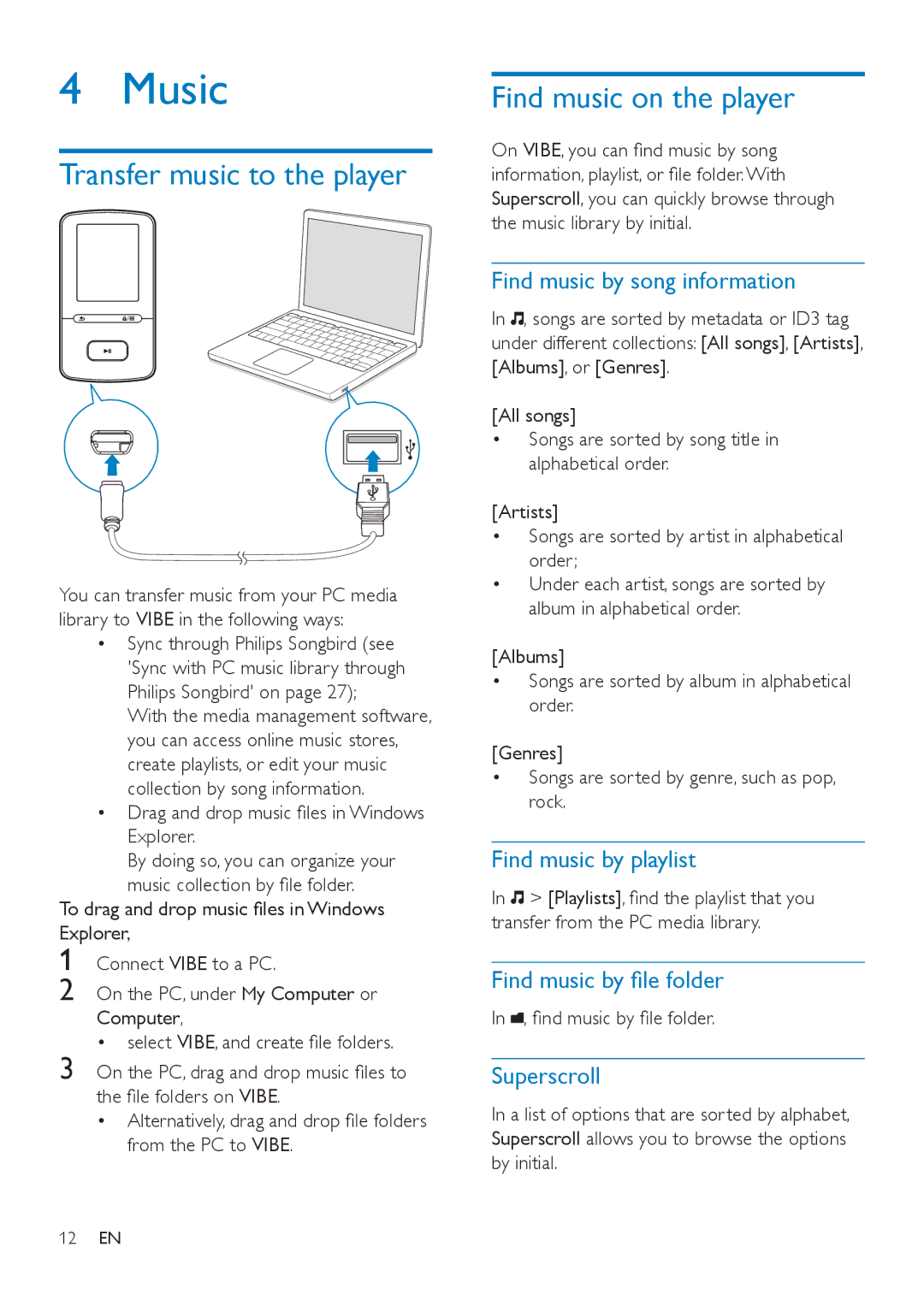 Philips SA4VBE16, SA4VBE04, SA4VBE08 user manual Music, Transfer music to the player, Find music on the player 