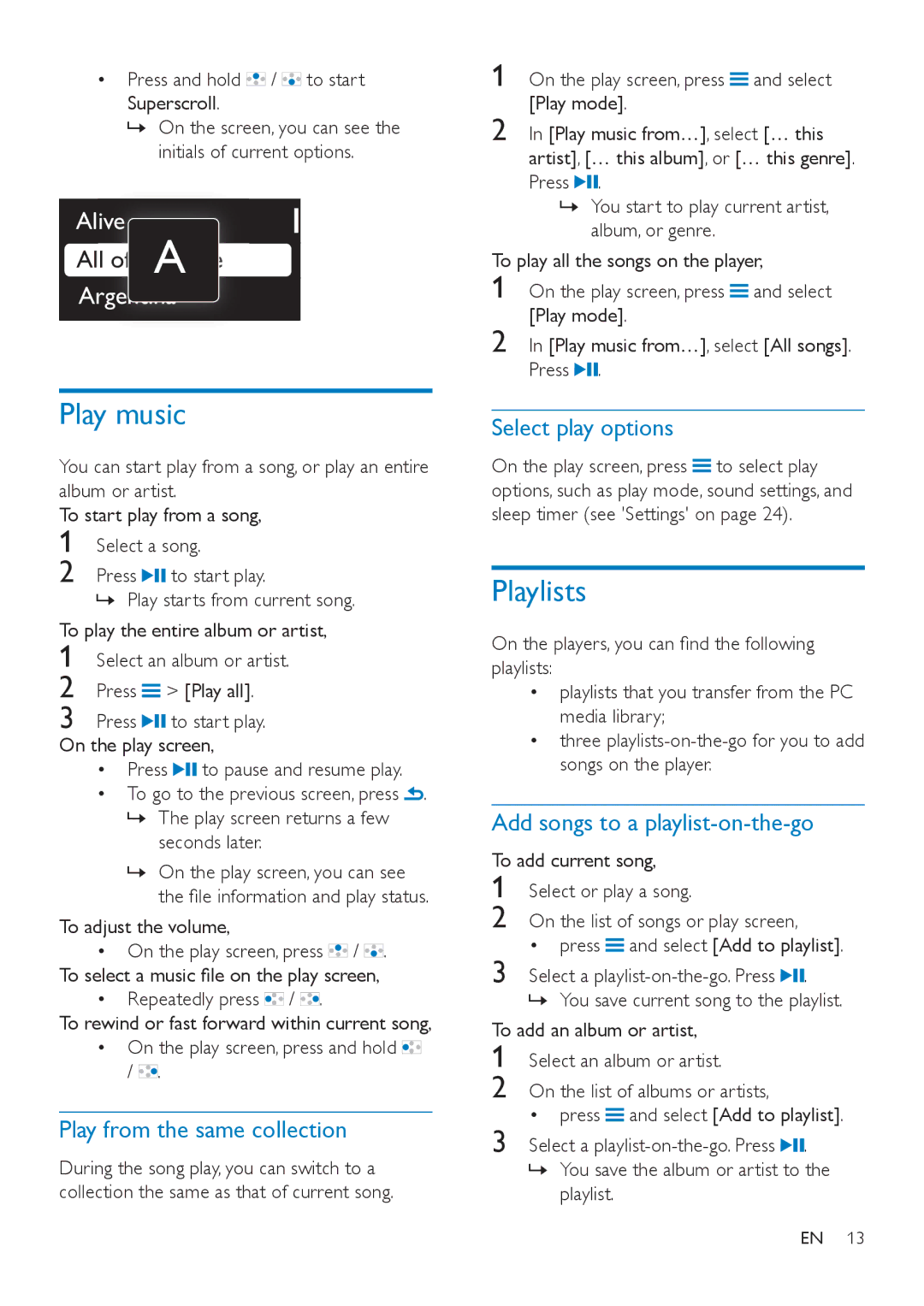 Philips SA4VBE04, SA4VBE08, SA4VBE16 user manual Play music, Playlists, Play from the same collection, Select play options 