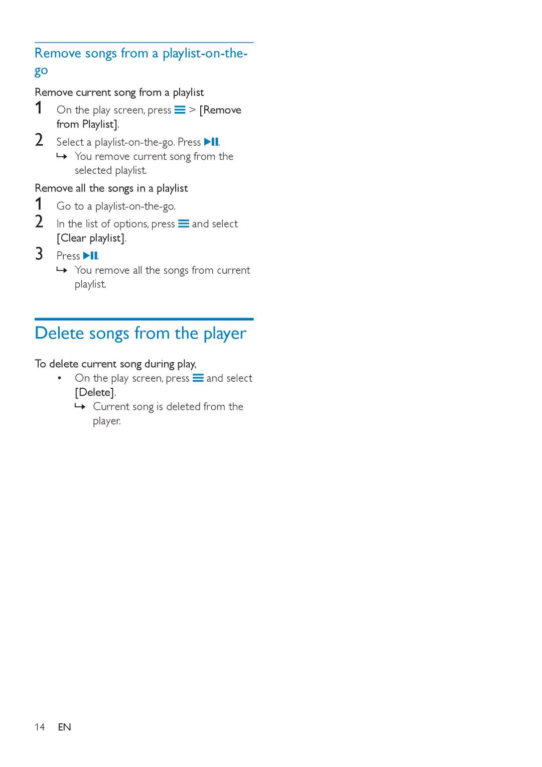 Philips SA4VBE08, SA4VBE04, SA4VBE16 user manual Delete songs from the player, Remove songs from a playlist-on-the- go 