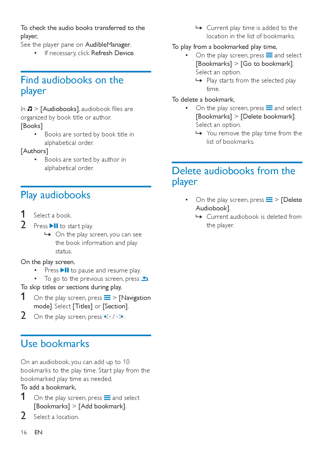 Philips SA4VBE04 Find audiobooks on the player, Play audiobooks, Use bookmarks, Delete audiobooks from the player 