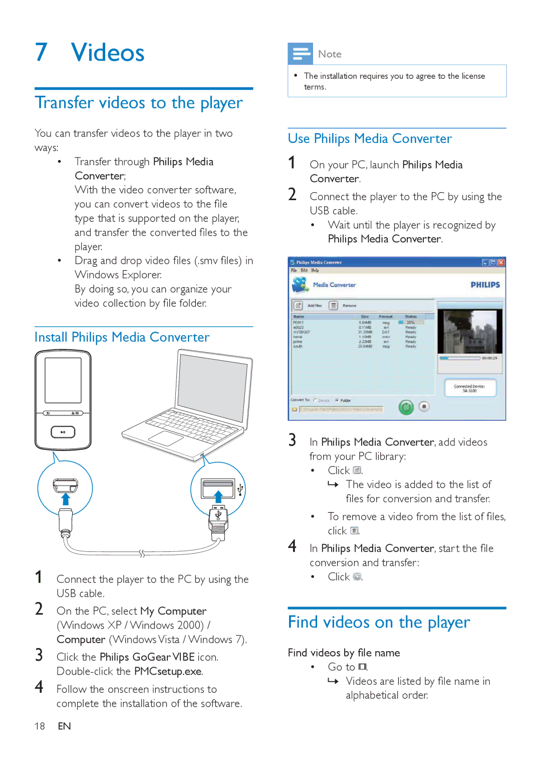 Philips SA4VBE16 Videos, Transfer videos to the player, Find videos on the player, Install Philips Media Converter 