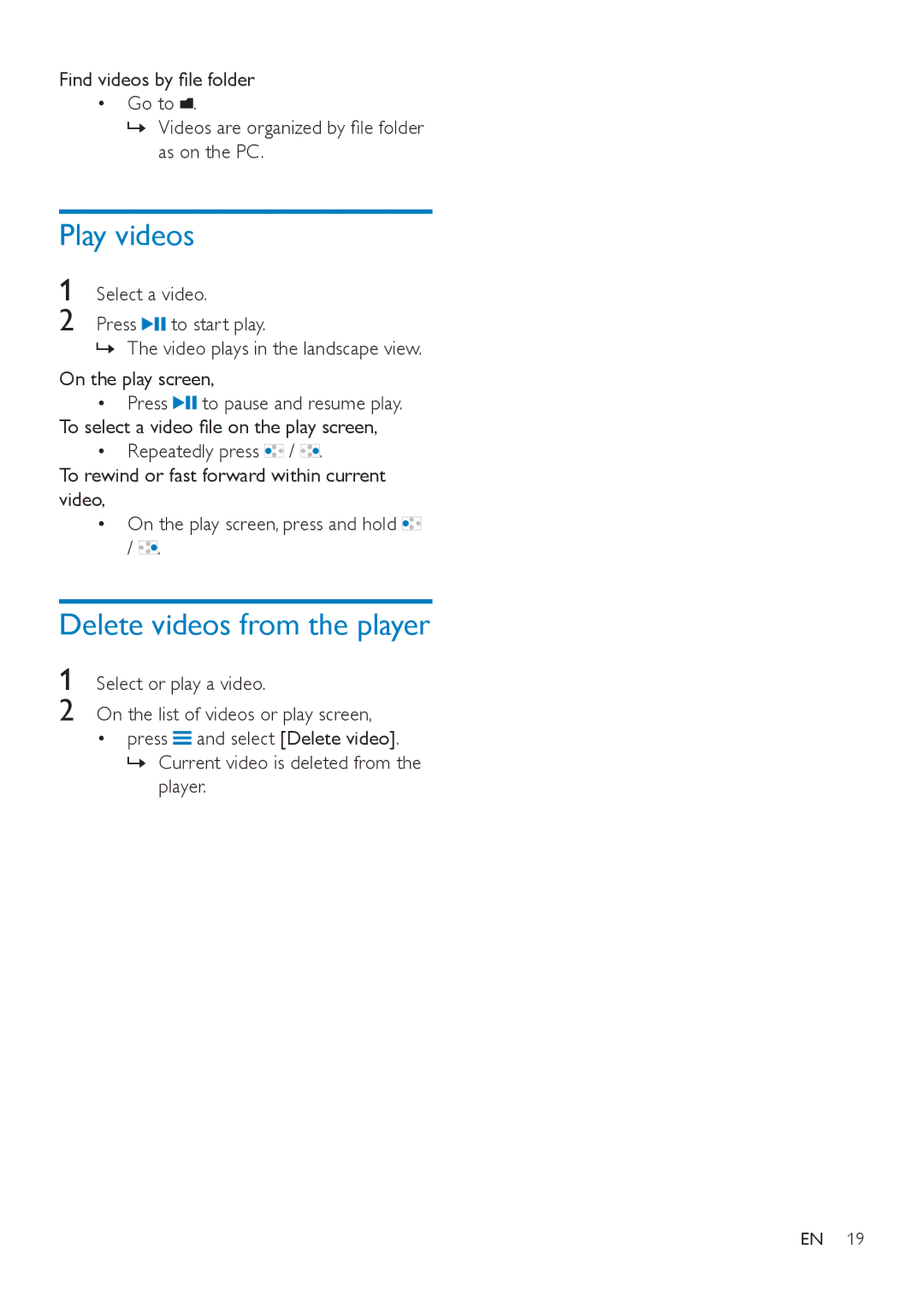 Philips SA4VBE04, SA4VBE08, SA4VBE16 user manual Play videos, Delete videos from the player, Select or play a video 