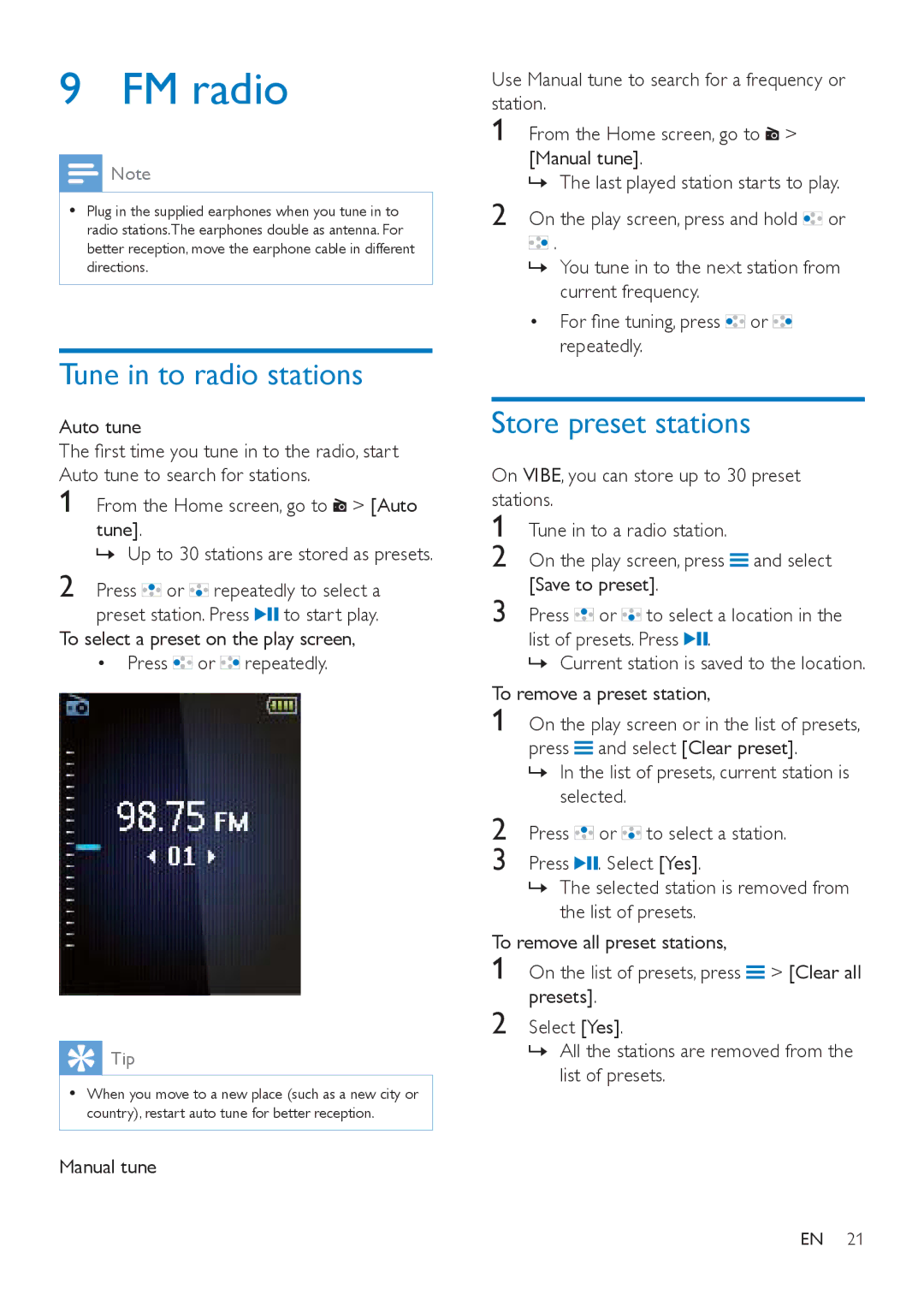 Philips SA4VBE16, SA4VBE04, SA4VBE08 user manual FM radio, Tune in to radio stations, Store preset stations, Auto tune 