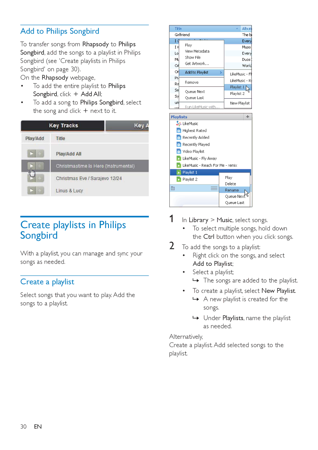 Philips SA4VBE16, SA4VBE04, SA4VBE08 Create playlists in Philips Songbird, Add to Philips Songbird, Create a playlist 