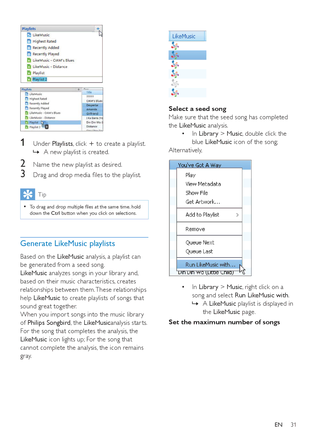 Philips SA4VBE04, SA4VBE08, SA4VBE16 Generate LikeMusic playlists, Select a seed song, Set the maximum number of songs 