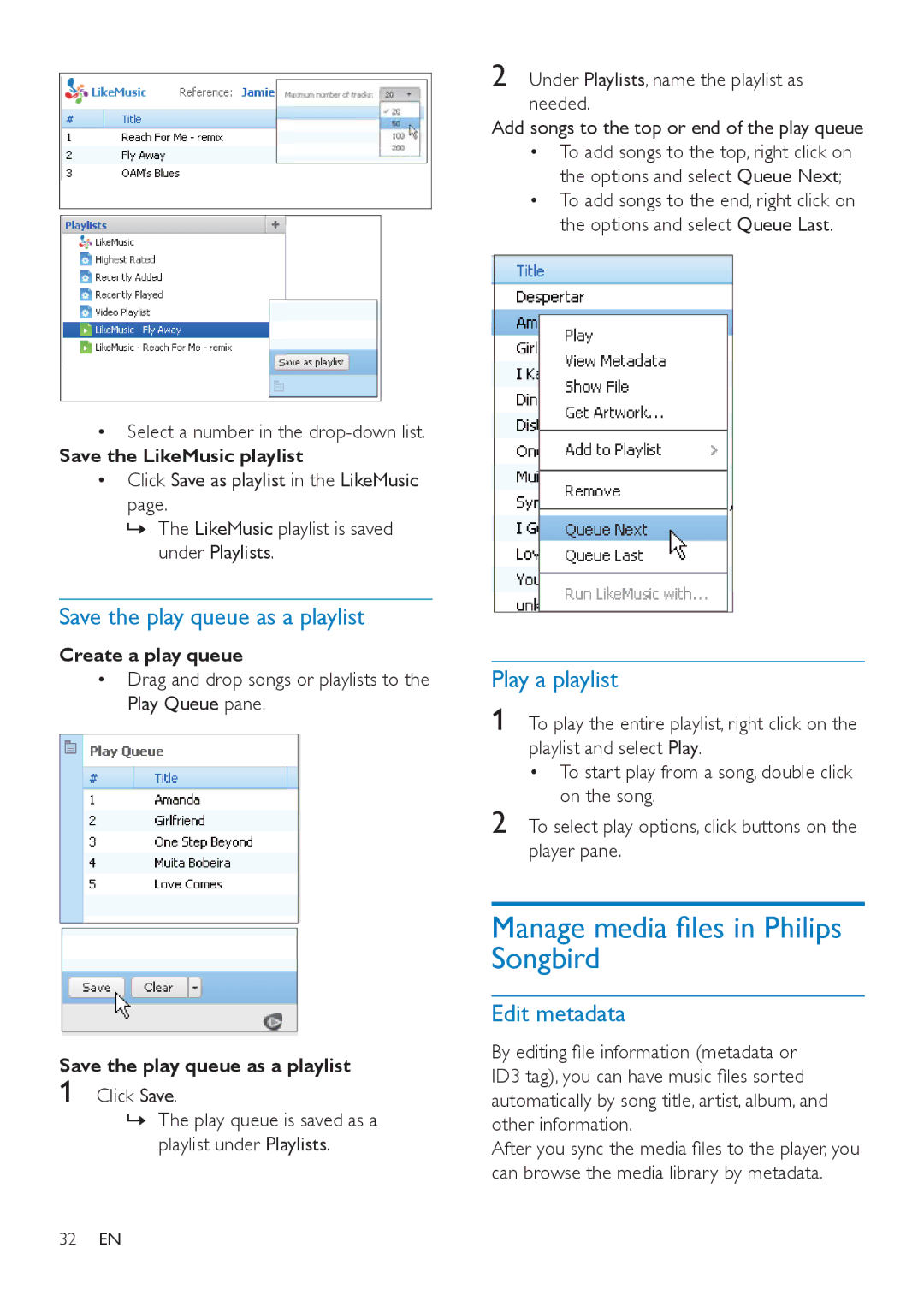 Philips SA4VBE08, SA4VBE04, SA4VBE16 user manual Songbird, Play a playlist, Edit metadata 