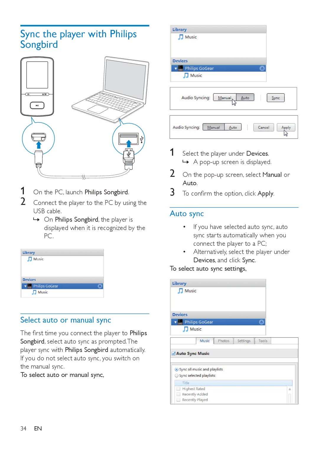 Philips SA4VBE04, SA4VBE08, SA4VBE16 user manual Sync the player with Philips Songbird, Select auto or manual sync, Auto sync 