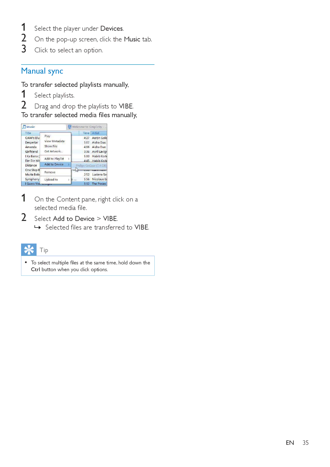 Philips SA4VBE08, SA4VBE04, SA4VBE16 user manual Manual sync, To transfer selected playlists manually Select playlists 