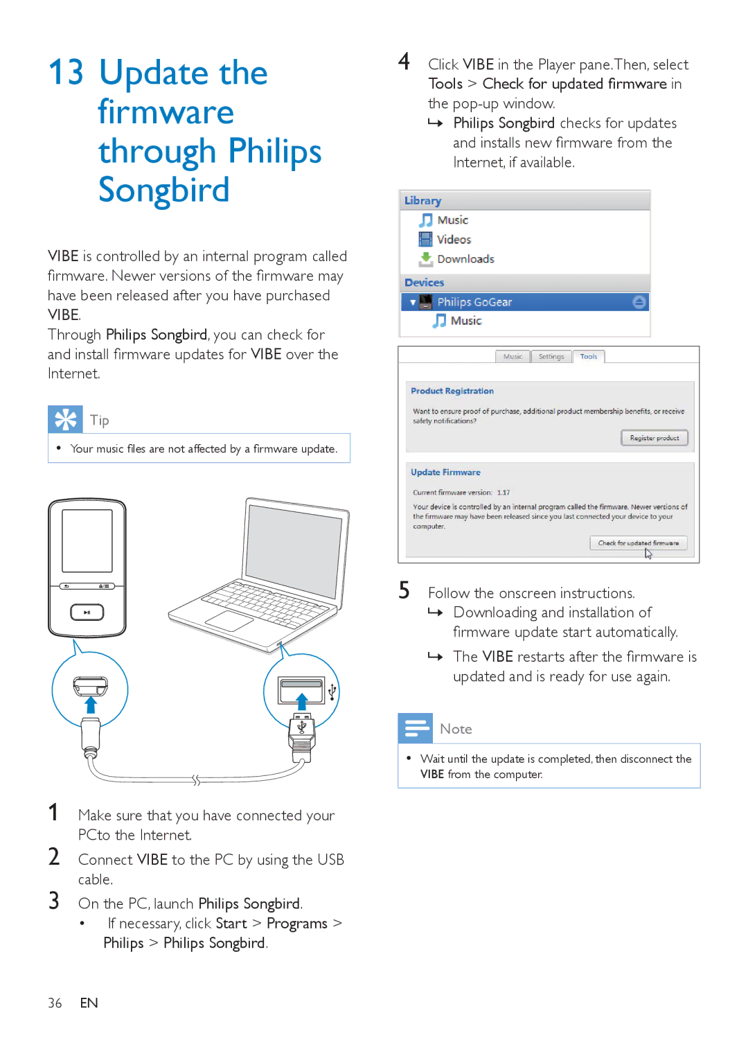 Philips SA4VBE16, SA4VBE04, SA4VBE08 Update the firmware through Philips Songbird, » Philips Songbird checks for updates 