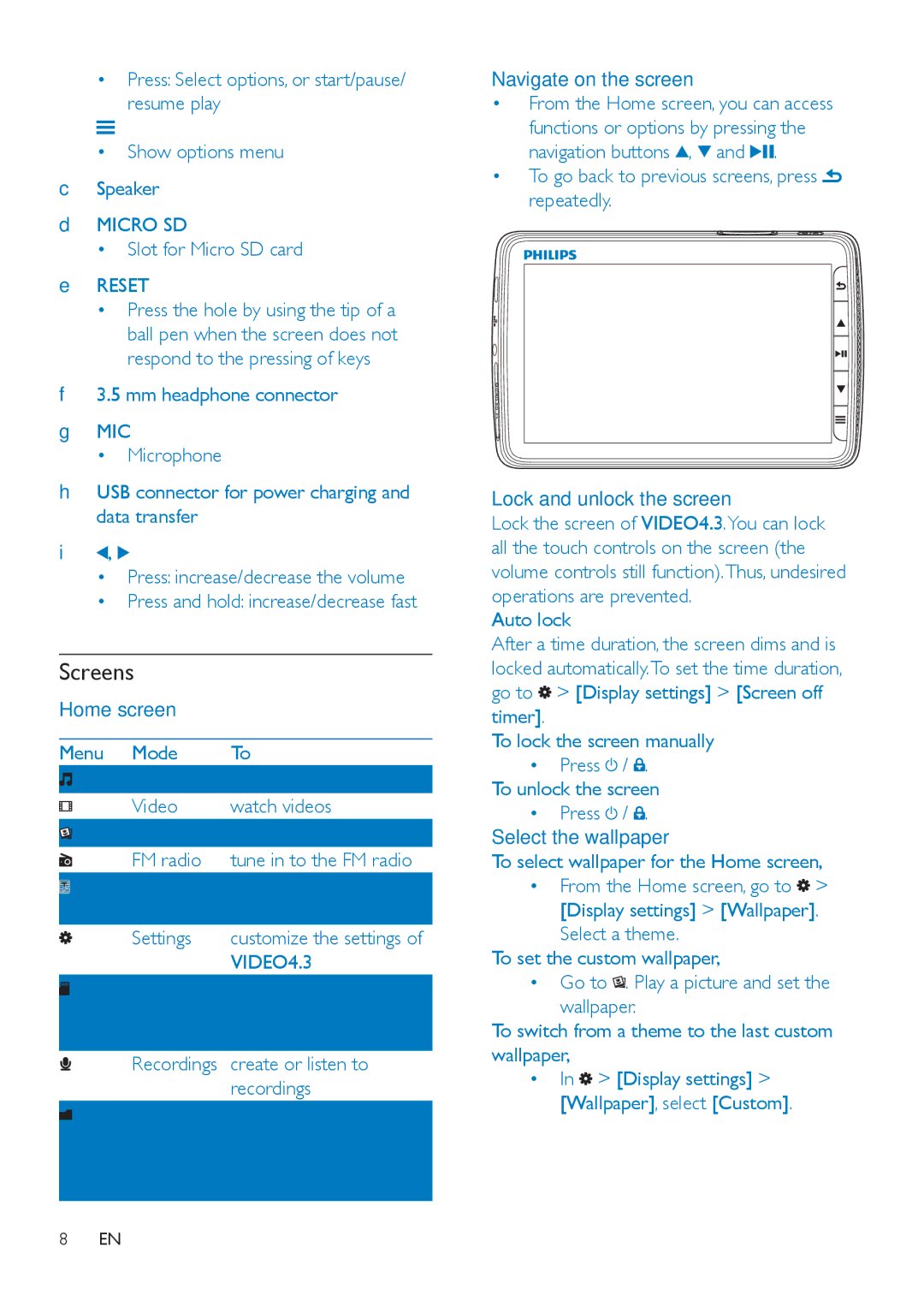 Philips SA4VD408, SA4VD404 user manual Screens, Sod\DxglrÀohv, VIDEO4.3 