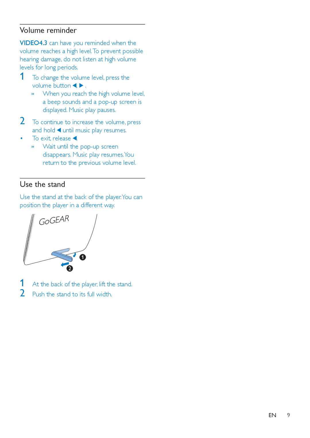 Philips SA4VD404, SA4VD408 user manual Volume reminder, Use the stand 