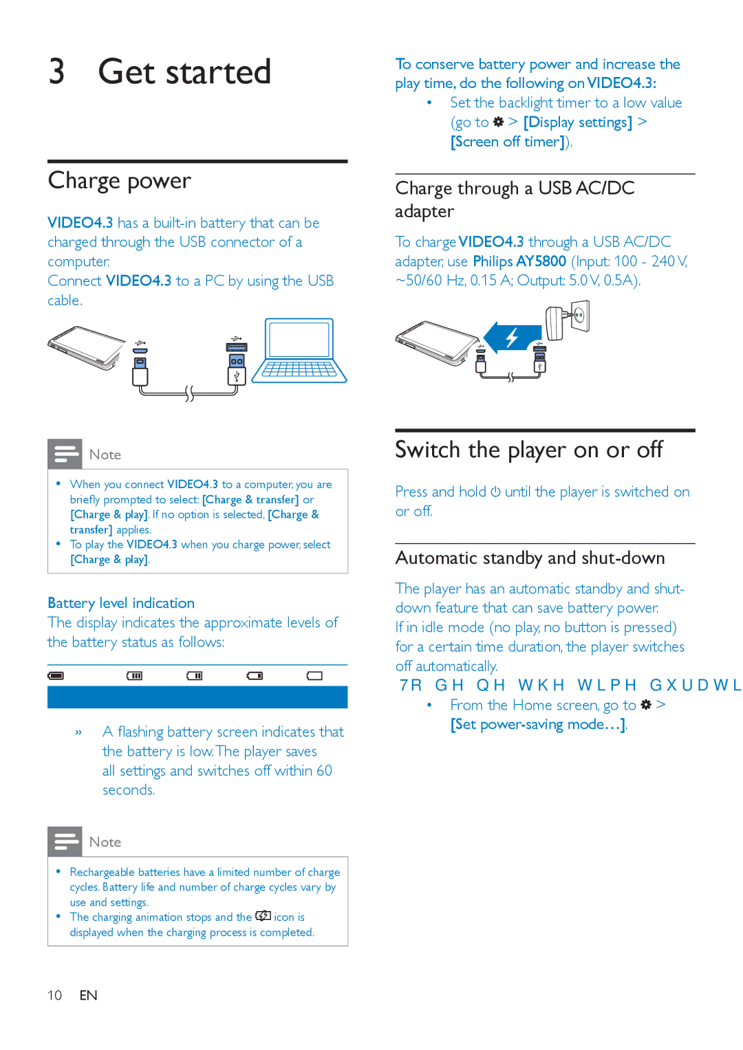 Philips SA4VD408, SA4VD404 Get started, Charge power, Switch the player on or off, Charge through a USB AC/DC adapter 