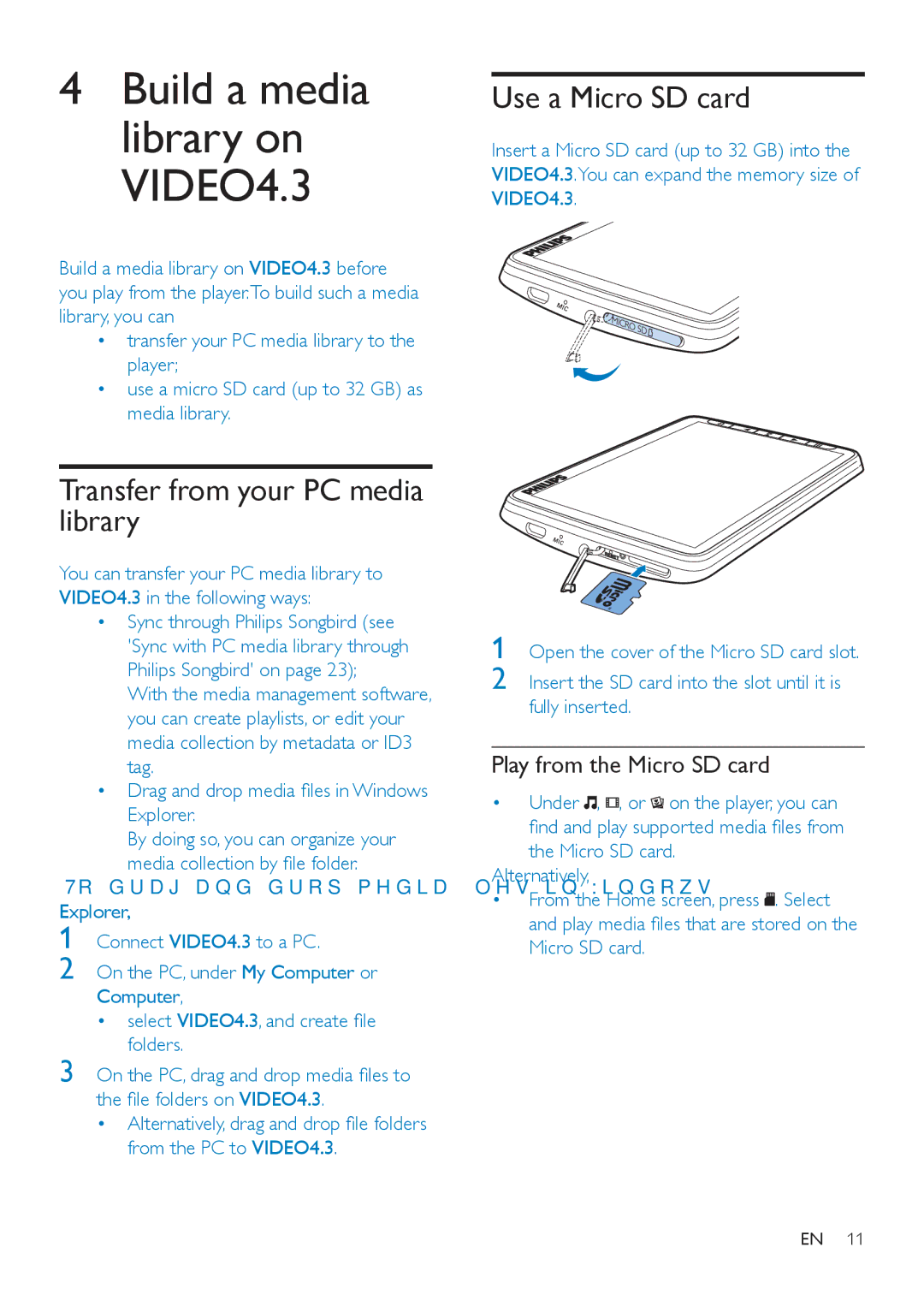 Philips SA4VD404 Transfer from your PC media library, Use a Micro SD card, Play from the Micro SD card, Alternatively 