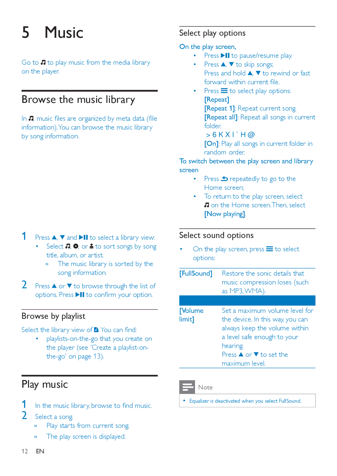 Philips SA4VD408, SA4VD404 user manual Music, Browse the music library, Play music 