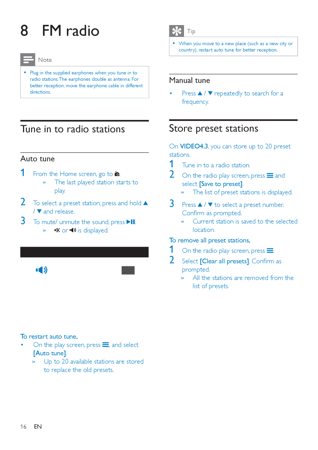 Philips SA4VD408, SA4VD404 user manual FM radio, Tune in to radio stations, Store preset stations, Manual tune, Auto tune 