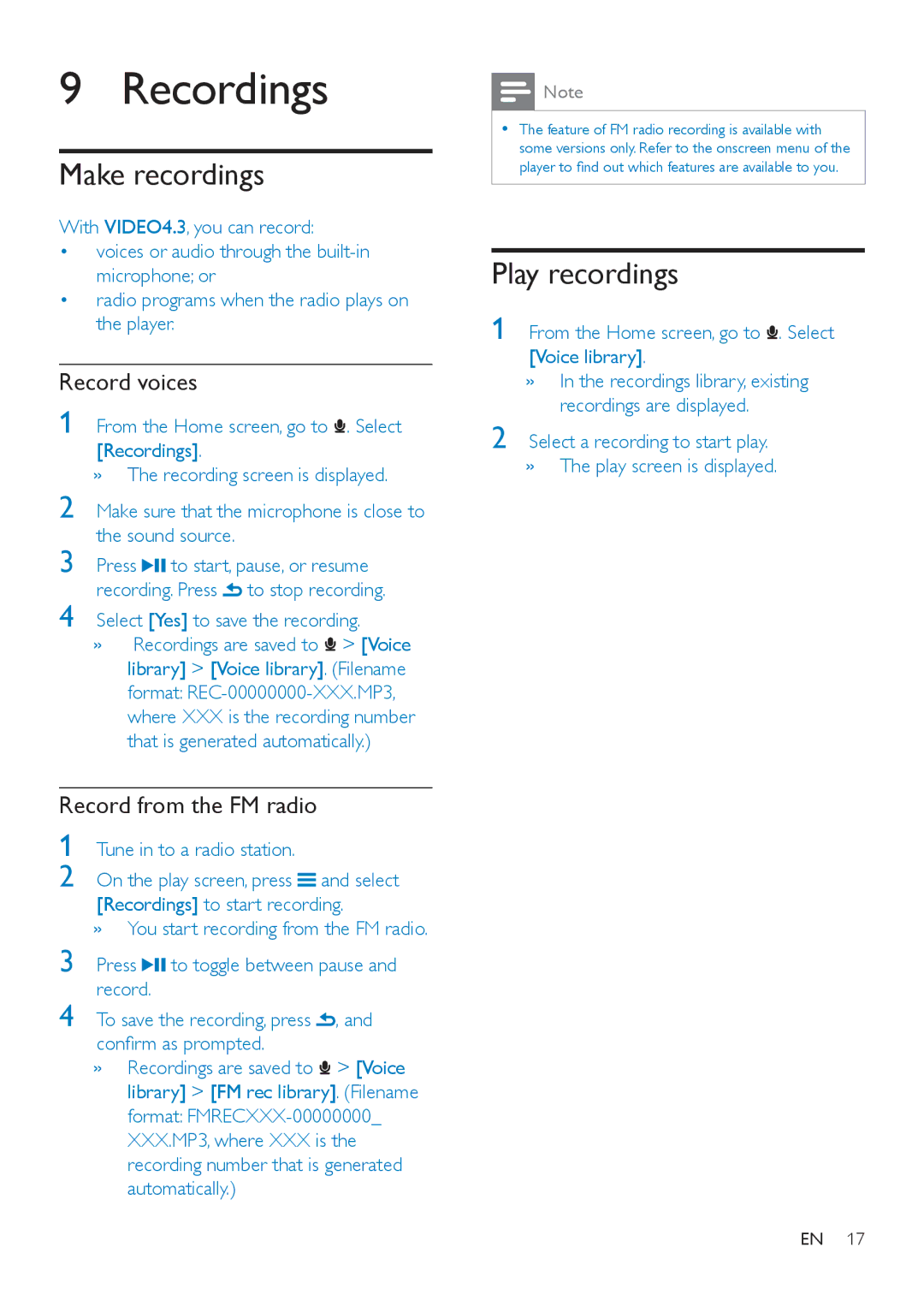 Philips SA4VD404, SA4VD408 user manual Recordings, Make recordings, Play recordings, Record voices, Record from the FM radio 