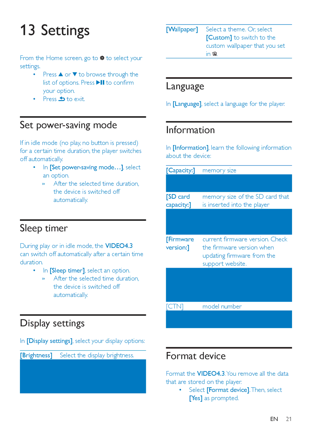 Philips SA4VD404, SA4VD408 user manual Settings 