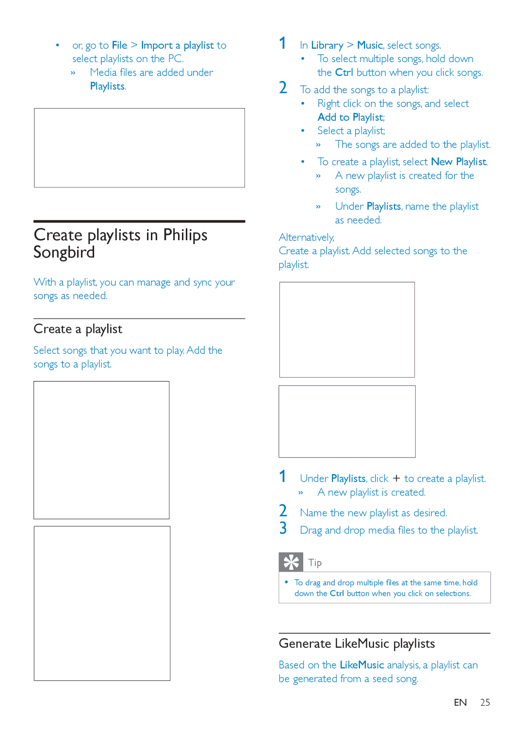 Philips SA4VD404 Create playlists in Philips Songbird, Create a playlist, Generate LikeMusic playlists, Playlists 